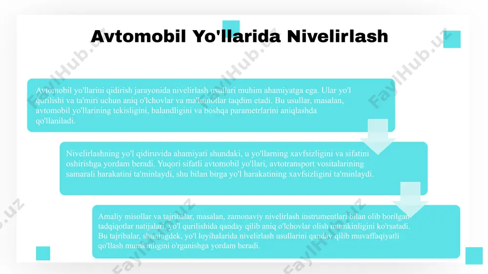 va iqtisodiy samaradorlikni oshiradi. nivelirlash ishlarining natijalari, avtomobil yoʻllarini sifatli qurishda muhimdir. xatoliklarni kamaytirish usullari, masalan, zamonaviy asboblar va texnikalar yordamida aniqlikni oshirish va xatolarni kamaytirish mumkin. bu usullar yo'l qurilishida samaradorlikni oshiradi va natijalarni yaxshilaydi. xatoliklarni kamaytirish usullarining cheklovlari mavjud. ba'zi usullar qimmat bo'lishi mumkin va malakali mutaxassislar talab qilinadi, bu esa xarajatlarni oshiradi va amaliyotda qiyinchiliklarga olib kelishi mumkin. yangi texnologiyalar, masalan, sensorlar va ai yordamida xatoliklarni yanada kamaytirish imkoniyatlari mavjud. bu innovatsiyalar yo'l qurilishida aniqlikni oshirish va ish jarayonlarini soddalashtirishga yordam beradi. raqobat va iqtisodiy sharoitlar xatoliklarni kamaytirish usullariga ta'sir qiladi. bozor raqobati kuchaygan sari, xarajatlar va resurslar taqchilligi muammo bo'lishi mumkin. xatoliklarni kamaytirish xatoliklarni keltirib chiqaruvchi sabablar yangi imkoniyatlar tahdidlar s w o t nivelirlashda texnologik yondashuvlar zamonaviy texnologiyalar, masalan, gps va lazer darajalari, nivelirlash jarayonini soddalashtiradi. ularning aniqligi va xatoliklarni kamaytirishdagi afzalliklari yo'l qurilishida muhim rol o'ynaydi. texnologik yondashuvlar, masalan, raqamli nivelirlash tizimlari va avtomatlashtirilgan …