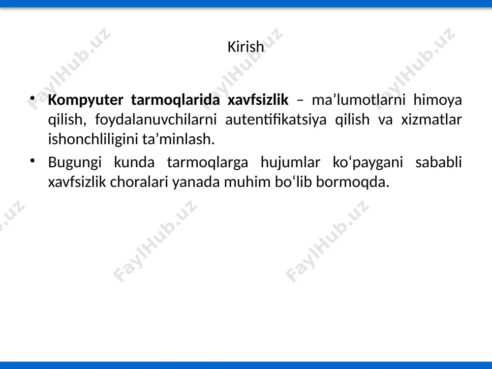 adi ko‘p resurs talab qiladi firewall keng qamrovli himoya to‘g‘ri sozlash talab qiladi glossary asosiy atamalar va ularning izohlari. atama izoh acl access control list rbac role based access control ids intrusion detection system ips intrusion prevention system dpi deep packet inspection nazorat savollari 1. autentifikatsiya va avtorizatsiya nima? 2. trafikni tahlil qilishda qaysi texnologiyalar qo‘llaniladi? 3. ddos hujumi qanday amalga oshiriladi va undan himoyalanish usullari qanday? 4. ids va ips o‘rtasidagi farqlarni tushuntiring. 5. tarmoq xizmatlari xavfsizligini ta’minlash uchun qanday vositalar mavjud? xulosa kompyuter tarmoqlarida xavfsizlik – foydalanuvchi ma’lumotlari va xizmatlarning ishonchliligini ta’minlaydi. turli texnologiyalar (autentifikatsiya, trafik tahlili, firewall) xavfsizlik darajasini oshiradi. hujumlardan samarali himoyalanish uchun kompleks choralar qo‘llanilishi lozim. image1.png /docprops/thumbnail.jpeg