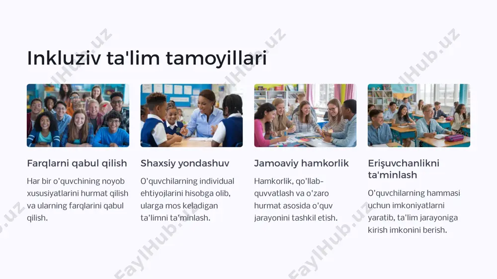 hurmat, muloqot va o'zaro tushunishni rivojlantirish muhimdir. muammolarni hal qilish va mulohaza yuritish turli xil muammolarni hal qilish, mantiqiy fikrlash va muammolarni hal qilish usullarini o'rgatish. texnologik ko'nikmalar zamonaviy texnologiyalar bilan ishlash, ma'lumot izlash va uni ishlatish ko'nikmalarini oshirish. kreativlik va innovatsionlik ijodkorlikni rag'batlantirish, yangi g'oyalar ishlab chiqish va o'z fikrlarini erkin ifoda etish. 12 inkluziv ta'limda individual yondashuvlar shaxsiylashtirilgan o'qitish har bir o'quvchining o'ziga xos ehtiyojlari va qobiliyatlari hisobga olinadi. o'qitish usullari va resurslari o'quvchining individual xususiyatlariga moslashtiriladi. differensiatsiyalashgan o'qitish o'qitish jarayoni turli darajadagi o'quvchilar uchun moslashtiriladi. bu o'quvchilarning o'rganish tezligi va usullariga bog'liq holda turli xil vazifalar va materiallarni o'z ichiga oladi. qo'llab-quvvatlovchi muhit o'quvchilarga o'z qiyinchiliklarini engishda yordam berish uchun qo'llab-quvvatlovchi muhit yaratiladi. bu qo'shimcha darslar, tutorlik xizmatlari va boshqa shaxsiy yordam turlarini o'z ichiga oladi. o'quvchilarning fikrini tinglash o'quvchilarning o'rganish tajribasi to'g'risidagi fikrlari tinglanadi va hisobga olinadi. bu o'qitish jarayonini takomillashtirish va o'quvchilarning muvaffaqiyatini oshirishga yordam …