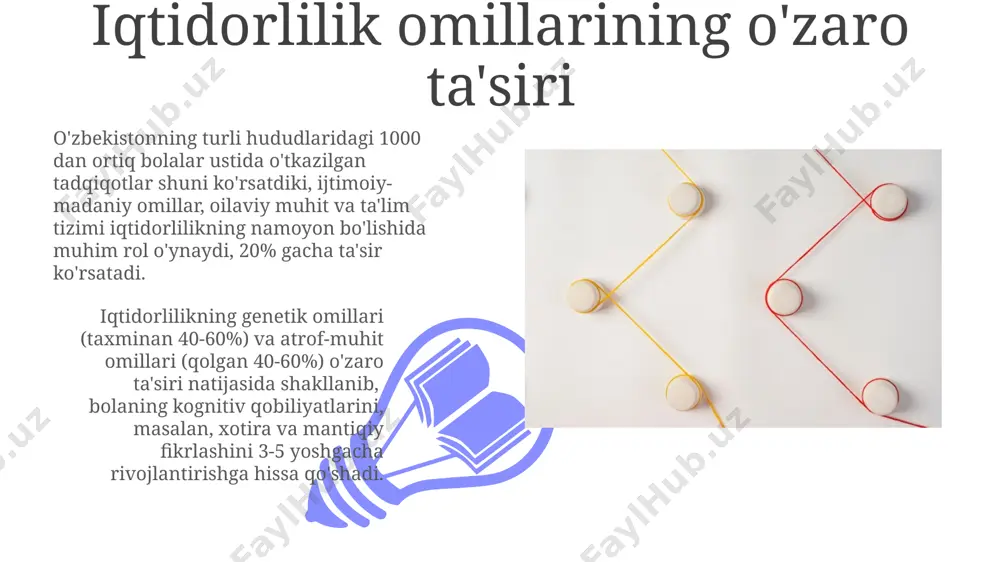 orli bolalarning xususiyatlari va muammolariga batafsil to‘xtalindi. 1990-yillardan boshlab o‘zbekistonda o‘tkazilgan psixologik tadqiqotlar, 100 dan ortiq iqtidorli bolaning hissiy-irodaviy xususiyatlarini tahlil qilib, yuqori darajadagi ijodiy faoliyat bilan emotsional barqarorlik o'rtasidagi bog'liqlikni aniqladi. iqtidorlilikning turli ko'rinishlari iqtidorli bolalarning 70% dan ortigʻi oʻzlarining maxsus qobiliyatlarini bir nechta sohada namoyon qiladi. xususan, germaniyaning freiburg universiteti tadqiqotchilari tomonidan oʻtkazilgan tadqiqotlar shuni koʻrsatdiki, bu koʻp qirrali iqtidorlilikning ahamiyati katta. iqtidorlilikning koʻp qirrali tabiati 120 dan ortiq iq ballga ega boʻlgan bolalarda ham turli xil koʻrinishlarda namoyon boʻlishi mumkin: ba’zi bolalar matematikada, boshqalari adabiyotda, yana boshqalari esa san’atda yuqori qobiliyatlarga ega boʻlishlari mumkin. masalan, buyuk britaniyaning tadqiqotlari buni tasdiqlaydi. iqtidorlilikni aniqlash va baholash usullari iqtidorli bolalarni aniqlashda 100 dan ortiq testlardan foydalaniladi, jumladan, stenford-binet va veksler shkalalari keng qo‘llaniladi, ularning natijalari aqsh va yevropa mamlakatlarida standartlashtirilgan. iqtidorlilikni baholashda, 150 dan yuqori iq ko‘rsatkichi yuqori darajadagi iqtidorlilikni bildiradi, lekin ijodkorlik, yetakchilik va muammolarni hal qilish kabi boshqa …