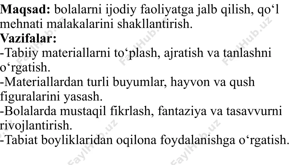 ni beradi. mazkur ishlarning o’z vaqtida bajarilishi, tabiiy materiallardan qurish-yasash mashg’ulotlarining samarali o’tishida katta ahamiyatga egadir. bu o’z navbatida o’qituvchidan va o’quvchilardan katta mas’uliyatni talab qiladigan jarayondir. mashg’ulot uchun kerakli bo’lgan tabiiy materiallar qanchalik ko’p g’amlansa, o’quvchilar tomonidan bajariladigan o’quv topshiriqlarining mazmuni ham shunchalik turli-tuman bo’ladi. boshlang’ich sinf o’quvchilari texnologiya darslari va sinfdan tashqari mashg`ulotlar jarayonida turli xil maneriallarni to’plash va ularga ishlov berish lchlarini o’rganadilar. turli va tabiiy matriallarga misol tariqasida qog`oz, karton va gazlamalardan tashqari o`simliklarning turli qismlari (shoxi, barglari, gullari, ildizi, po`sti, urug`i, mevasi); foydali qazilmalar (kvarts qumi, loy, minerallar); yog`och (archa, sosna, qayin, lipa, ryabina); metallar (temir, mis, alyuminiy); plastmassa (polietilen, tekstolit, kapron) va boshqa materiallarni aytish mumkin. bu materiallarning ayrimlari, masalan o`simlik qismlarini o`quvchilar tabiatga sayr qilish paytida teradilar, fanera, turli metallar, plastmassalarni esa tayyor holdagisi yoki yarimfabrikatlar shaklidagisini oladilar o`qituvchi o’quv yili boshidan o`quvchilarga tabiiy materiallarni to`plash haqida ma’lumotlar berib boradi, ularga ishlov berish …