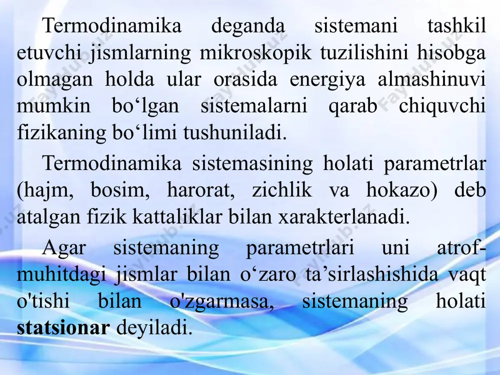 v = const bunda = cp/cv  - adiabata ko’rsatkichi deyiladi. cp-izobarik jarayondagi gaz issiqlik sig’imi. cv-izoxorik jarayondagi gaz issiqlik sig’imi. bog’langan va erkin energiya sistema ichki energiyasini ishga aylantirib bo’ladigan qismi – erkin energiya (g) deyiladi. ishga aylantirib bo’lmaydigan qismi esa, bog’langan energiya (wbog’) deyiladi u = g + wbog’ sistemani istalgan jarayonda bajargan ishi erkin energiyani o’zgarishidan katta bo’lmaydi: a  g agar a = g bo’lsa, bunday jarayon qaytar jarayon deyiladi. lekin xayotda qaytar jarayon sodir bo’lmaydi. ya’ni, sistema ish bajarib bo’lgandan keyin dastlabki holatiga qaytib kelmaydi. termodinamikaning 1-qonunini tirik organizmga tatbiqi oziq–ovqat mahsulotlarining organizmda singish jarayonida ximiyaviy energiya bog’lanishlari tashqi muhitga sarflanadigan ∑qi issiqlikni kompensatsiyalashga (qoplashga) va ∆u=0 da ∑ai ish bajarishga sarf bo’ladi. ∑w= ∑qi + ∑ai organizmning issiqlik yo’qotishi issiqlikning atrof muhitga tarqalishi va organizmning ish bajarishga sarf bo’lishi bilan bog’liqdir. организмда 4 ҳил иш турлари бажарилади: кимёвий. биосинтезни таъминловчи 1 та оқсилни ҳосил …