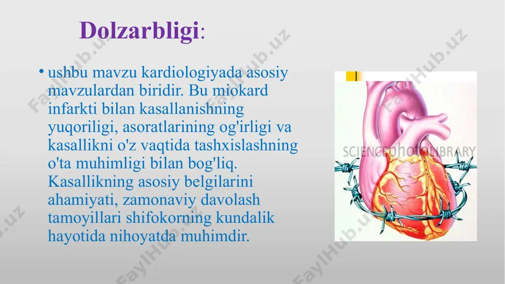 dispepsik o’zgarishlar bilan birga kelishi– ko’ngil aynashi, qayt qilish(engillik keltirmaydi) kekirish, xiqichoq tutish, keskin qorin dam bo’lishi bilan xarakterlanadi og’riqlar belga irradiatciyalanishi mumkin, qorin old devorining taranglashishi va epigastiy palpatciyasida og’riqli bo’lishi mumkin 24 aritmik unda ritm buzilishi yagona klinik ko'rinish, yoki klinik ko'rinishda ustunlik qiladi аtipik og’riqli bu turida og’riq atipik lokalizatciyali ( masalan, irradiatciya sohalarida – bo’yinda va pastki jag’da, elkalarda, qo’llarda, barmoqda va b.), xamda xarakteri ham turli bo’lishi mumkin 25 serebrovaskulyar klinik ko'rinishda miyada qon aylanishining buzilishi belgilari (ko'pincha dinamik) ustunlik qiladi: hushidan ketish, bosh aylanishi, ko'ngil aynish, qusish; bo’lishi mumkin o’choqli (fokal) nevrologik alomatlar kamsimptomli (simptomsiz ) bu variantni tashhislash eng qiyin bo’lib, ekg ma'lumotlariga ko'ra retrospektiv tashxis qo'yiladi. 26 miokard infarkti (anginoz varianti) klinikasi og’riq- ezuvchi, siquvchi yoki achishtiruvchi xarakterda bo'lib, to'sh ortida, butun ko'krak qafasida, elka, bo'yin, qo'llarga, belga, epigastral sohaga irradiatciyalanadi. tana holatini o’zgarishiga bog'liq bo'lmagan anginoz ogriq nitratlarga turg'un. giperhidroz, keskin …
