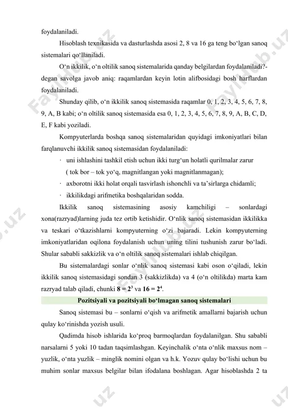 y bo‘lishi uchun bu muhim sonlar maxsus belgilar bilan ifodalana boshlagan. agar hisoblashda 2 ta yuzlik, 7 ta o‘nlik, yana 4 ta birlik bo‘lsa, u holda yuzlikning belgisini ikki marta, o‘nlik belgisini yetti marta, birlik belgisini to‘rt marta takrorlashgan. birlik, o‘nlik va yuzliklarning belgisi bir-biriga o‘xshash bo‘lmagan. sonlarni bunday yozganda belgilarni ixtiyoriy tartibda joylashtirish mumkin bo‘lgan, chunki yozilgan sonning qiymati tartibga bog‘liq emas. bunday yozuvda belgi holatining ahamiyati bo‘lmaganidan, mos sanoq sistemasi nopozitsion sistema deb ataladi. qadimgi misrliklar, yunonlar va rimliklarning sanoq sistemasi nopozitsion edi. nopozitsion sanoq sistemasi qo‘shish va ayirish amallari uchun ozgina yarasada, ko‘paytirish va bo‘lish uchun butunlay yaroqsiz edi. ishni osonlashtirish maqsadida hisob taxtalari – abaklar ishlatilar edi. hozirgi zamon cho‘tlari abakning o‘zgargan ko‘rinishidir. qadimgi bobilliklarning sanoq sistemasi dastlab nopozitsion edi, keyinchalik ular belgilarni yozish tartibida ham informatsiya borligini sezishib, undan foydalanishga o‘rganishdi va pozitsion sanoq sistemasiga o‘tishdi. bunda biz hozir qo‘llayotgan sistemadan (raqamning o‘rni bir xonaga …