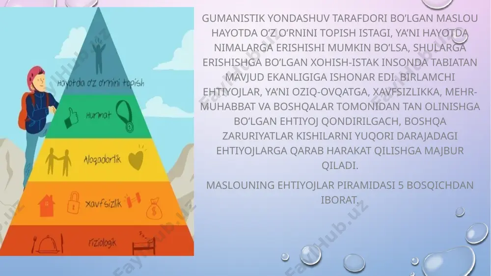 -yilda chop etilgan bir ilmiy ishda, illinois universitetining tadqiqotchilari ehtiyojlar piramidasini sinovdan o’tkazishga kirishdi. ularning aniqlashlaricha, ehtiyojlar qondirilishi va baxt hissi darajasi bir-biri bilan uzviy aloqador ekanligiga qaramay, yer yuzidagi turli millat vakillari eng muhim ehtiyojlar qondirilmagan sharoitda ham, hayotda o’z o’rnini topish va sotsial ehtiyojlar muhim ekanligini ta’kidlashgan. bundan xulosa qilib shuni aytish mumkinki, ehtiyojlar shaxs xulqiga ta’sir ko’rsatuvchi kuchli motivatsiya bo’lishi mumkin, ammo bu ehtiyojlar shaxs hayotida, maslou ta’riflaganidek, ierarxik ahamiyat kasb etmaydi. image2.png image3.png image4.png image5.png image6.png image7.png image8.png image9.png image1.png /docprops/thumbnail.jpeg