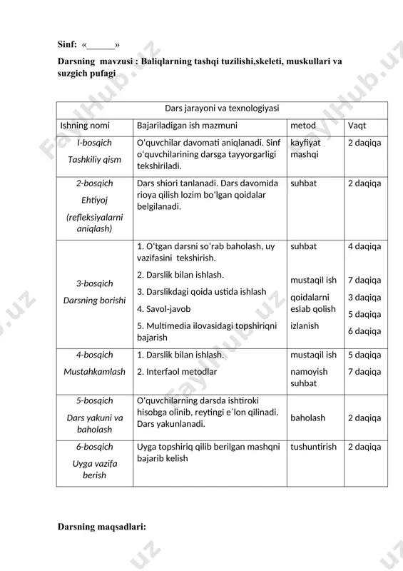 im beruvchi dars jihozi: kompyuter, proektr, video darslik,yangi mavzu taqdimoti, baliqlarning tashqi tuzilishi aks ettirilgan plakat,olma daraxti, baliq qirqimlari, “tangachasiz baliq”, savollar,testlar, darslik. darsda foydalaniladigan uslub: guruhlarga ajratish, kichik suhandon uslub darsdan kutiladigan natija: o’quvchilar yangi mavzu orqali yangi bilim egallaydi,erkin fikrlashga o’rganadi, nutqi ravonlashadi, esda saqlab qolish qobiliyati yaxshilanadi, fanga yanada qiziqishi kuchayadi i.tashkiliy qism: 1)salomlashish; 2) navbatchi axborotini tinglash. mana bugun ochiq dars, xush kelibsiz, azizlar. dars o’tib xushnud qilay, tahlil qiling ustozlar. *** agarda qilsam xato xulosaga shoshilmang. beayb parvardigordir, bunga hech shubha qilmang. *** darslarga kirsangiz gar, haftasiga bir bora. shunda balkim bizlarni, bosmas hayajon sira. *** marhamat kiring do’stlar, doim darsga tayyormiz. ko’taramiz tanqidni, biz axir ustozlarmiz. so`zlarning eng shirini, ochiq aytay sirini, odob bog`in sharbatin, qalb gavharin qimmatin, qo`l berib shu so`z bilan, dillar qulfin ochamiz. aql nurin sochamiz. qaysi shirin so`z ekan? assalomu alaykum! ____bolajonlar omonmisiz? bugun darsga tayyormisiz? ____ ha, ustozjon, omonmiz, …