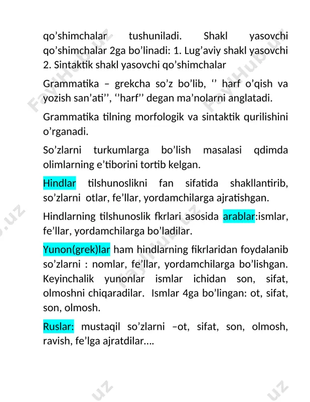billur qandil. 2.ot fe’lga hech qanday gramatik vositalarsiz, ya’ni bitishuv usulida bog’lansa , bu otning ravishlashuvi sanaladi, chunki bunday otlar ravish kabi harakat-holatning belgisini bildiradi, ravish kabi qay holda? qay tarzda? qancha? kabi so’rolarga javob bo’ladi va ravish kabi tarz holi yoki daraja miqdor holi vazifasida qo’llaniladi.masalan qon yig’lamoq, dahshat tayyorlanmoq, oy boring(omon keling), takror aytmoq, it yotish-mirza turish. diqqat!!! sifat yoki ravish vazifasida qo’llanayotgan ot o’z turkumini o’zgartirmaydi, faqatgina gramatik vazifa o’zgargan bo’ladi, xolos! ot kategoryalari otlarda 3 ta kategoriya mavjud 1.son kategoriyasi(birlik va ko’plik) 2. egalik kategoriyasi 3.kelishik kategoriyasi otlarning birlik yoki ko’plikda qo’llanishi otlarda son deyiladi.masalan, kitob-birlikda, kitoblar-ko’plikda, otlar son-miqdor ma’nosiga ega va u birlik yoki ko’plik shakllari orqa ifodalanadi.birlik nol ko’rsatkich (maxsus grammatik ko’rsatkichning yo’qligi)ga ega. otlarda ko’plik ikki xil bo’ladi: 1.semantik ko’plik 2.grammatik ko’plik semantik ko’plik hech qanday grammatik ko’rsatkichlarsiz, faqat ma’noda ko’plik ma’nosining mavjudligidir.masalan,xalq, armiya, poda, jamoa, guruh, brigada, to’da, olamon, aholi,uyur, suruv, o’rmon …