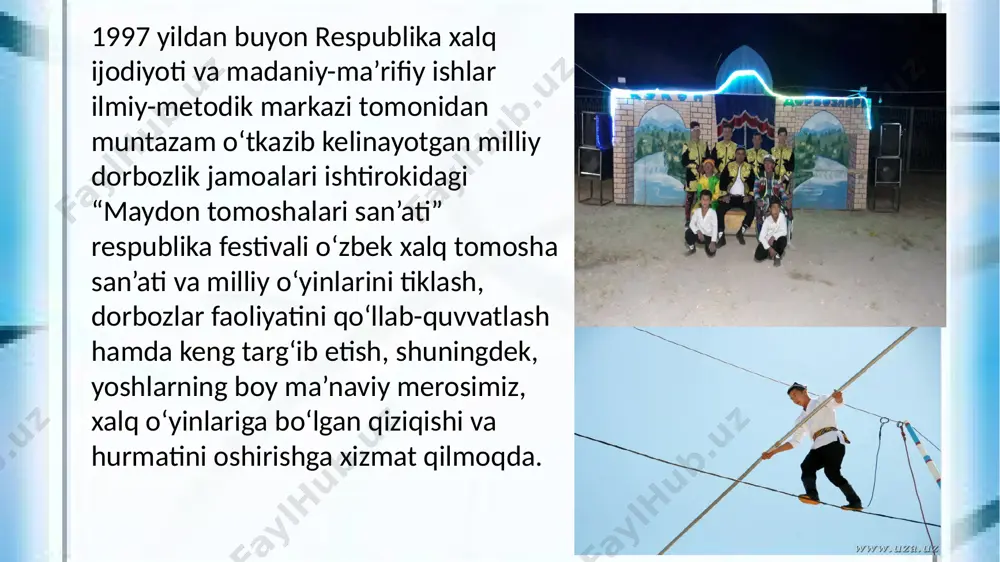 , ilon, maymun, ot, echki oʻyinlari bilan birga olib borilgan. 20-asrda oʻzbek d. sanʼatini yangi mazmunda rivojlantirishda va anʼanalarni davom ettirishda asaka darbozlari sulolasining atoqli namoyandasi toshkanboy egamberdiyevning xizmati juda katta (qarang toshkanboyevlar), 20-asrning oʻrtalaridan boshlab oʻzbek dorbozlari repertuariga birmuncha oʻzgarishlar kiritildi. muhofaza vositalaridan foydalanish natijasida dor ustida yangi, murakkab oʻyinlar ijro etila boshladi. yakka kishi mashqlari bilan bir qatorda 2, 3, 4 kishi ijro etadigan mashqlar koʻrsatiladigan boʻldi. jumladan, ikki dorbozning bir-birini yelkasida yoki boshida turib dordan oʻtishi, obkashning ikki tomonida oʻtirgan dorbozlarni olib oʻtish, dorda oʻtirgan dorboz ustidan sakrab oʻtish, umbaloq oshish, yelkasi bilan dorga tiralib, oyoqni tepaga choʻzish, ikki dorboz yelkasiga oʻrnatilgan taxta koʻprikcha ustida tik turish va h. k. bu kabi murakkab oʻyinlar 1950—70 y.lar faoliyat koʻrsatgan shokirjon toshkanboyev, odamboy ibrohimov, usmonjon nishonboyev, ergash va hakimjon parpiyevlar, qosim abdullayev, joʻraxoʻja norxoʻjayev rahbarligidagi jamoalarda namoyish etilgan. hoz. kunda yunusali gʻoziyev, noibjon hakimov, toʻlqin boltaboyev, ahadjon murodov, ahadjon …