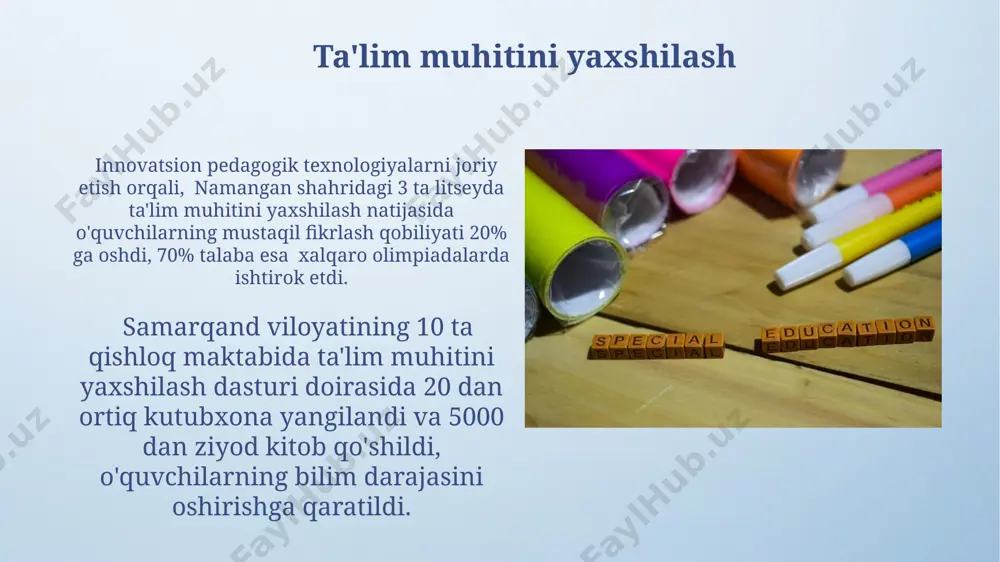 , o'quv jarayonini modernizatsiya qilish va ta'lim sifatini 20% ga oshirishga qaratilgan. o'zbekistonning 10 ta yirik shaharlaridagi 300 ga yaqin maktabda interfaol o'quv vositalaridan foydalanishni o'z ichiga olgan innovatsion pedagogik texnologiyalarning joriy etilishi o'quvchilarning bilim darajasini sezilarli darajada yaxshilashga yordam beradi. ta'limda individual yondashuvni ta'minlash individual yondashuv samarqand viloyati maktablarida qo'llanilishi natijasida, 5-sinf o'quvchilarining 75% da mustaqil o'rganish ko'nikmalari rivojlanganligi va o'rtacha ballar 15 ballga oshganligi kuzatildi. individual yondashuvga asoslangan ta'lim uslubi, 2022-yilda namangan viloyatida 3 ta maktabda sinovdan o'tkazilib, o'quvchilarning motivatsiyasi 40% ga oshganini va intizom buzilishi hollari 15% ga kamayganini ko'rsatdi. ta'lim samaradorligini oshirish strategiyasi toshkent shahridagi eksperimental maktablarda qo’llanilgan yangi o’quv dasturlari natijasida o’quvchilarning matematika fanidan o’rtacha ballari 15% ga oshgan. “ta’lim samaradorligini oshirish strategiyasi” 2022-2026 yillar mobaynida umumta’lim maktablari o’quvchilarining 50% da bilim sifati sezilarli darajada yaxshilanishiga qaratilgan. o'quvchilarning bilim va ko'nikmalarini rivojlantirish o'quvchilarning 70% dan ortig'i samarqand viloyatida matematika fanidan yillik testlarda 80 balldan yuqori …