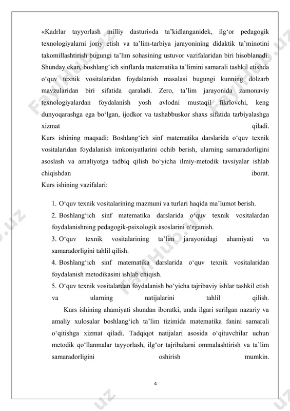 oddiyroq va tushunarliroq qabul qilishadi. ta’lim jarayonida texnik vositalardan foydalanish o‘quvchilarda qiziqish uyg‘otadi, chunki ular oddiy dars shakliga qaraganda ko‘proq interaktivlikni ta’minlaydi. o‘zbekiston respublikasida amalga oshirilayotgan keng qamrovli ta’lim islohotlarida aynan o‘quv texnik vositalaridan samarali foydalanish masalasi dolzarb yo‘nalish sifatida belgilanmoqda. boshlang‘ich sinfda matematika darslarini tashkil etishda proyektor, elektron taxtalar, animatsiyalashgan ko‘rgazmali dasturlar va turli multimedia materiallari o‘quvchilar diqqatini jamlashga yordam beradi. shu bilan birga, ta’lim texnologiyalaridan foydalanish o‘qituvchining pedagogik mahoratini oshirishni, darsning mazmunini yanada jonli va ta’sirchan qilishni ta’minlaydi. statistik ma’lumotlarga ko‘ra, texnik vositalardan muntazam foydalanilgan darslarda o‘quvchilarning bilimni o‘zlashtirish darajasi 25-30 foizga oshishi kuzatilgan. texnik vositalar nafaqat yangi bilimlarni berishda, balki mustahkamlash, qayta takrorlash va o‘quvchilarni baholashda ham muhim vazifani bajaradi. bu vositalardan foydalanish jarayonida o‘quvchilar mustaqil ravishda topshiriqlarni bajarish, tajribalar o‘tkazish va natijalarni tahlil qilish imkoniga ega bo‘lishadi. boshlang‘ich sinfda matematika o‘quv predmetining o‘ziga xosligi shundaki, u abstrakt tushunchalarni o‘z ichiga oladi va ularni o‘quvchilarga sodda qilib …
