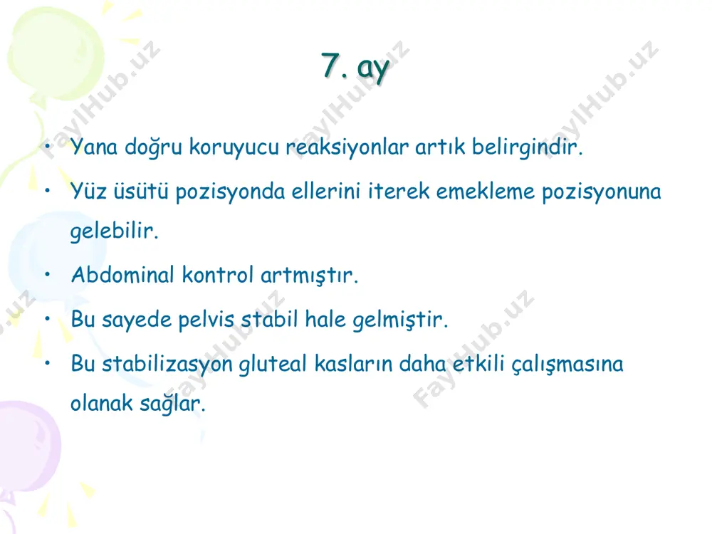 ip objeyi alır ve tekrar düzelir. • diz üstüne gelebilir. 12 ay • bir elinden tutulursa yürür. • ayakta yardım • sız kısa süre durabilir. • top ile oynar. • giydirilirken yardım eder • 2-4 kelime anlayarak söyler • resimli kitaplara bakmaktan hoşlanır. 15 ay • yardımsız kalkar ve yürür. • merdivenleri emekleyerek çıkar • 2 küp üst üste koyabilir • 4-6 kelime anlayarak söyler 18 ay • acemi bir şekilde koşar • bir elinden tutulunca merdiven çıkabilir. • 3 küp üst üste koyabilir. • 10 kelime anlayarak söyler. • yemeği kendisi yiyebilir • kızgınlık belirtileri gösterir. 2 yaş • rahatça koşabilir • yardımsız olarak merdiven inip çıkabilir. • topa tekme vurabilir. • kitap sayfası çevirir • ayakkabı ve çoraplarını giyip çıkarabilir • çatal ve kaşığı rahat tutabilir • tuvalet ihtiyacını belirtebilir. • 2-3 kelimelik cümleler kurar. 3 yaş • merdivenleri iki ayak ile rahat çıkar • 3 tekerlekli bisiklete …