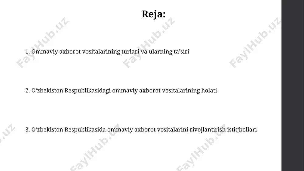 il qiladi. axborot erkinligi va senzura respublika bo‘yicha ommaviy axborot vositalarining taxminan 75%i hukumatga yaqin bo‘lgan yoki davlat tomonidan moliyalashtiriladigan tashkilotlar nazorati ostida bo‘lib, bu mustaqil jurnalistika rivojlanishiga to‘sqinlik qiladi. davlat tomonidan nazorat qilinadigan ommaviy axborot vositalari soni xususiy sektorga nisbatan ancha yuqori bo‘lib, bu axborot maydonidagi muvozanatsizlikni aks ettiradi va shu sababli, internet saytlar va bloglarning 10%dan ortig‘i to‘liq yoki qisman blokirovka qilinadi. davlat siyosati va ommaviy axborot vositalari davlat siyosati oʻzbekiston ommaviy axborot vositalarining 2023-yil holatiga koʻra, 500 dan ortiq telekanallar, radiostansiyalar va onlayn platformalar faoliyatini tartibga soladi. oʻzbekiston matbuot va axborot agentliklari faoliyati davlat tomonidan 5 yillik strategik rejalar asosida, xususan, raqamli texnologiyalarni joriy etish boʻyicha koʻrsatmalar orqali qoʻllab-quvvatlanadi. oʻzbekiston respublikasidagi ommaviy axborot vositalarining tarixi oʻzbekiston ssr davrida, 1920-yillardan boshlab, ommaviy axborot vositalari partiya nazorati ostida boʻlib, asosan, sotsialistik gʻoyalarni targʻib qilishga xizmat qilgan. 2000-yillardan boshlab, raqamli texnologiyalar rivojlanishi bilan onlayn ommaviy axborot vositalari soni koʻpayib, ularning …