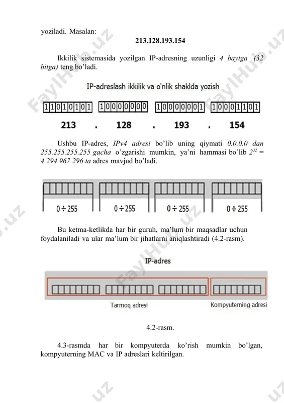 dagi tarmoqda kompyuterlarning maksimal soni 65 534 taga teng bo’lishi mumkin (ya’ni 216). 192.168.2.17 - c sinfiga mansub 192.168.2 tarmoq osti tarmog’i, undagi kompyuterning adresi 0.0.0.17, kompyuterlarni adreslash uchun 1 bayt ajratilgan, ushbu xildagi tarmoqda kompyuterlarning maksimal soni 254 taga teng bo’lishi mumkin (ya’ni 28) [0 va 255 adreslar ishlatilmaydi]. sinfsiz adreslash. bunda 32 bitli ip-adres bilan parallel ravishda 32 bitli tarmoq osti tarmog‘ining maskasi ham qo’llaniladi. maska ham nuqtalar bilan ajratilgan to’rtta o’nlik raqamlardan iborat bo’ladi. maskani ikkilik raqamlar ko’rinishida ifodalanganda, uning tarmoq adresini ko’rsatuvchi qismida 1 raqamlari, kompyuter (server) adresini ko’rsatuvchi qismida esa 0 raqamlari yozilgan bo’ladi. quyidagi yozuvlarda tarmoq osti tarmog’i maskasini qanday qo’llanilishi ko’rsatilgan. masalan: 129.64.134.5 raqamli ip-adres va 255.255.128.0 maska berilgan bo’lsa, 10000001.01000000.10000110.00000101 - ip-adres and 11111111.11111111.10000000.00000000 - maska tarmoq osti tarmog’ining adresi – 10000001 01000000 10000000 - 129.64.128.0, undagi kompyuterning adresi esa 0.0.00000110. 00000101 - 0.0.6.5 bo’ladi. 129.64.134.5 - raqamli ip-adres va 255.255.255.0 - …