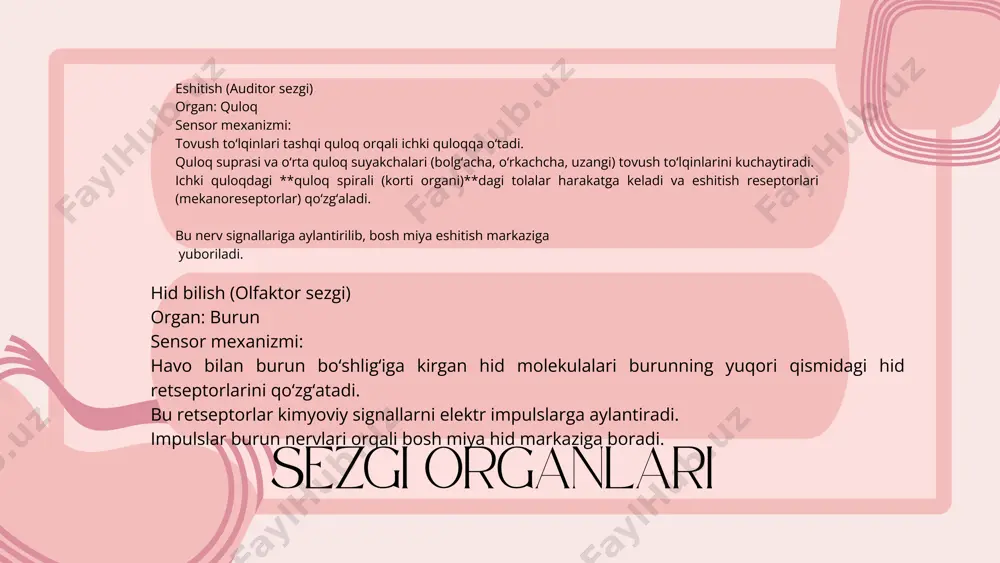 lish va navigatsiya uchun muhimdir. sezgi retseptorlar sezgi retseptorlari (masalan, fotoretseptorlar, mexanoretseptorlar) o‘xshash tuzilmada bo‘lishiga qaramay, sezgirlik darajasi turlarga qarab farqlanadi. amaliy ahamiyati. veterinariya amaliyotida turli hayvonlarning nevrologik holatini tushunish kasalliklarni aniqlashda muhim. biomeditsina sohasida hayvonlar ustida o‘tkazilgan tadqiqotlar orqali inson miyasi va sezgi tizimlari haqidagi bilimlar chuqurlashmoqda. robototexnika va sun’iy intellektda hayvonlar sezgi sistemasi modellari ilhom manbai sifatida ishlatilmoqda (masalan, sun’iy ko‘z, sun’iy burun). asab tizimi: markaziy va periferik komponentlar. umurtqali hayvonlarning asab tizimi quyidagilarga bo'linadi. sezgi retseptorlar markaziy asab tizimi (cns): miya va orqa miya. periferik asab tizimi (pns): boshsuyagi va orqa miya nervlari. baliqlar nisbatan oddiy miya tuzilishiga ega, ular beshta asosiy qismdan iborat: telensefalon (old miya), diensefalon, mezentsefalon (o'rta miya), metensefalon (orqa miya) va myelentsefalon (medulla). orqa miya cheklangan segmentatsiyani ko'rsatadi. amfibiyalarning miyalari ko'proq farqlanadi. oldingi miya ko'proq rivojlangan bo'lib, ularning ikkilamchi suv va quruqlik turmush tarzini aks ettiradi. sudralib yuruvchilar miya yarim sharlari va serebellumda …