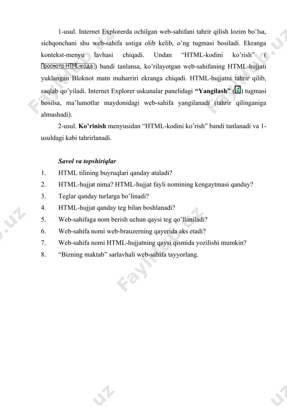 an boshlanadi? 5. web-sahifaga nom berish uchun qaysi teg qo’llaniladi? 6. web-sahifa nomi web-brauzerning qayerida aks etadi? 7. web-sahifa nomi html-hujjatning qaysi qismida yozilishi mumkin? 8. “bizning maktab” sarlavhali web-sahifa tayyorlang. 1-rasm 2-rasm