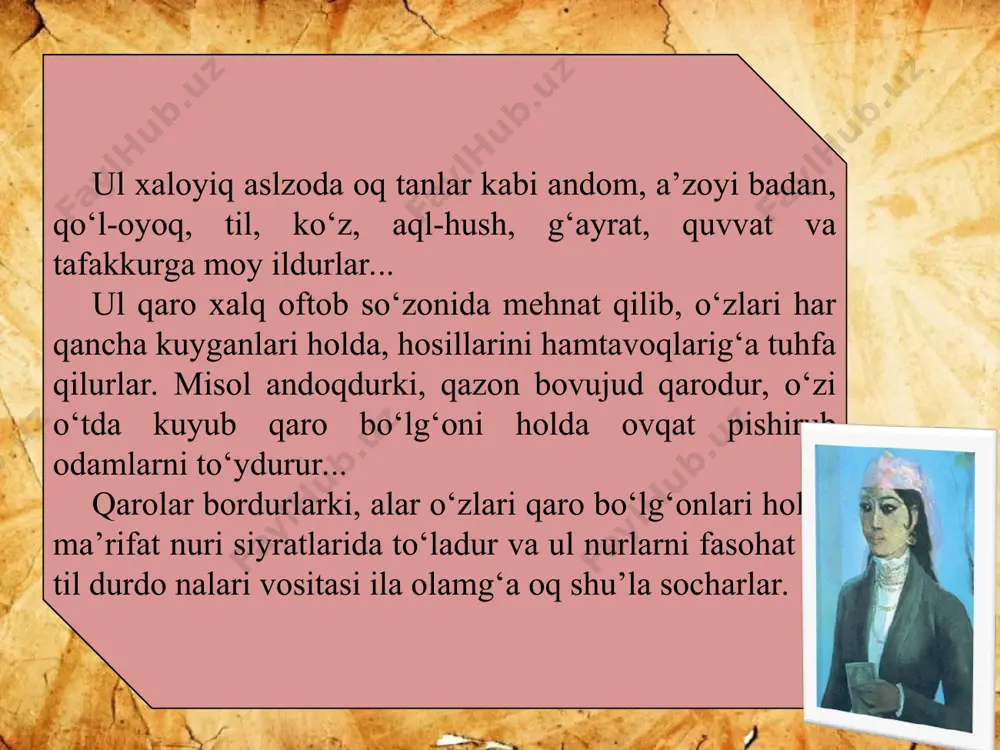 soat va muayyan vaqtda yorug‘ kun kelishini, albatta, bilar... zulm ustun kelib, bir mamlakatni bosib tursa, bu zulmni oftob va tong ravshanligi bartaraf etolmas, bunday zulmatni adolat kuchi yengar. adolat kuchiga chiday olmagan zulmat ko‘pincha majoziy hokim va zolimlar tarafidan joriy qilinadi... zolim aqlining yo‘qligidan bexabar o‘zini, shubhasiz, aqlli va dono hisoblab, har ishni qilish fikriga kelsa, o‘sha ishni nihoyat ma’qul va maqbul va xaloyiq uchun majburiy qilar, u rejasini amalga oshiradi, … ijrosiga farmon beradi. o‘sha farmon qilgan mashaqqati el boshiga zulmdirki, o‘sha zulm soyasi «zulmat» deyilar... tarixi tahrir 1328 hijriysi (1910) milodiy.