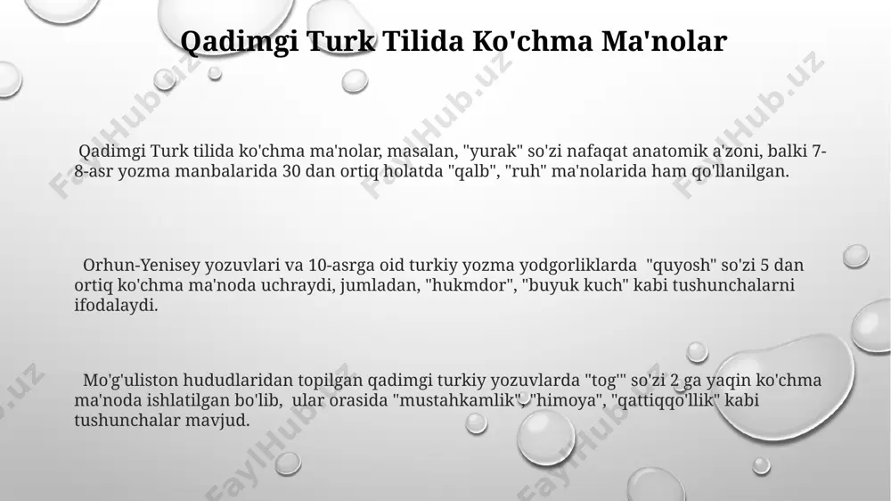 rli hududlarda, masalan, mo'g'uliston va qozog'iston hududlarida farqlanishi kuzatiladi, bu tilning dialektal xususiyatlaridan dalolat beradi. antonimlar esa, kamroq uchraydi va ularning aksariyati qarama-qarshi ma'nolarni ifodalovchi 2-3 ta so'zdan iborat bo'lib, xitoy manbalarida ham ba'zi misollar mavjud. e'tiboringiz uchun rahmat @taqdimot_robot image1.png image2.png image3.png