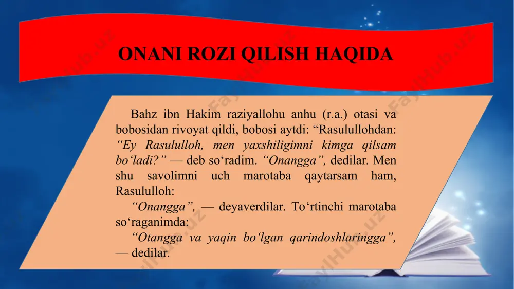 ning “kimki rizqim ulug‘, umrim uzoq bo‘lsin desa, qarindosh-urug‘lariga mehr-oqibatli bo‘lsin!” deganlarini eshitganmen”, — deydilar. mast qiluvchi ichimliklar haqida ibn umar raziyallohu anhudan rivoyat qilinadi: rasululloh sallallohu alayhi vasallam shunday marhamat qilganlar: “har bir mast qiladigan narsa xamrdir va har bir mast qiladigan narsa haromdir. kim dunyoda xamr ichsa va vafot etsa va u unga mukkasidan ketgan bo‘lsa, oxiratda ichmaydi”. * * * abdulloh ibn umar raziyallohu anhu rivoyat qiladilar: rasululloh sallallohu alayhi vasallam: “kimki bu dunyoda mast qilguvchi ichimlik ichgan bo‘lsa-yu, keyin ichganiga tavba qilmagan bo‘lsa, oxiratda tavba qilmoqdan mahrum qilingaydur!” — dedilar. hadislar haqida imom al-buxoriy avlodlarga boy va qimmatli ilmiy meros qoldirgan bo‘lib, u yozgan asarlarning soni yigirmadan ortiqdir. ulardan “al-jome’ as-sahih”, “al-adab al-mufrad”, “at-ta’rix as-sag‘ir”, “at-ta’rix al-avsot”, “at-ta’rix al-kabir”, “kitob al-ilal”, “barr ul-volidayn”, “asomi us-sahoba”, “kitob al-kuna” va boshqalarni ko‘rsatish mumkin. buyuk allomaning eng muhim asari, shubhasiz, “al-jome’ as-sahih”dir. bu asar “sahih al-buxoriy” nomi bilan ham …