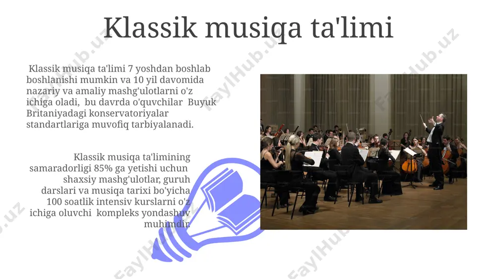 ar yili 20 dan ziyod klassik musiqa kontsertlarini, shu jumladan, yosh iste'dodlarning ijrolarini tashkil qiladi. samarqand shahrida har yili oʻtkaziladigan "sharqning sadolari" klassik musiqa festivali 15 yildan ortiq davom etib, minglab tomoshabinlarni oʻziga jalb etdi va mahalliy ijrochilarga xalqaro maydonda oʻz iste'dodlarini namoyish etish imkoniyatini yaratdi. buyuk bastakorlar va ularning asarlari buyuk bastakorlardan biri bo'lgan lyudvig van betxoven 1770-yilda bonn shahrida tug'ilib, 9 ta simfoniya, 5 ta pianino kontserti va ko'plab sonata kabi 700 dan ortiq asar yaratgan. antonio vivaldi, 1678-yilda venetsiyada tug'ilgan, "fasllar" kabi ko'plab kontsertlar va 555 sonataga yaqin asar yaratgan taniqli barokko davri bastakoridir. klassik musiqa janrlari 01 02 18-asr germaniyasida paydo bo'lgan sonata sikli, 4 ta qismdan iborat bo'lib, tez-sekin-tez-sekin tartibida ijro etiladi va klassik simfonik musiqa janrining asosini tashkil etadi. sales 1st qtr 2nd qtr 100 0 sales 1st qtr 2nd qtr 100 0 klassik musiqani targ'ib qilish o'zbekistondagi 10 ta konservatoriya va musiqa kollejlarida …