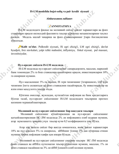 is-lm modelida bujet-soliq va pul-kredit siyosati — DOCX