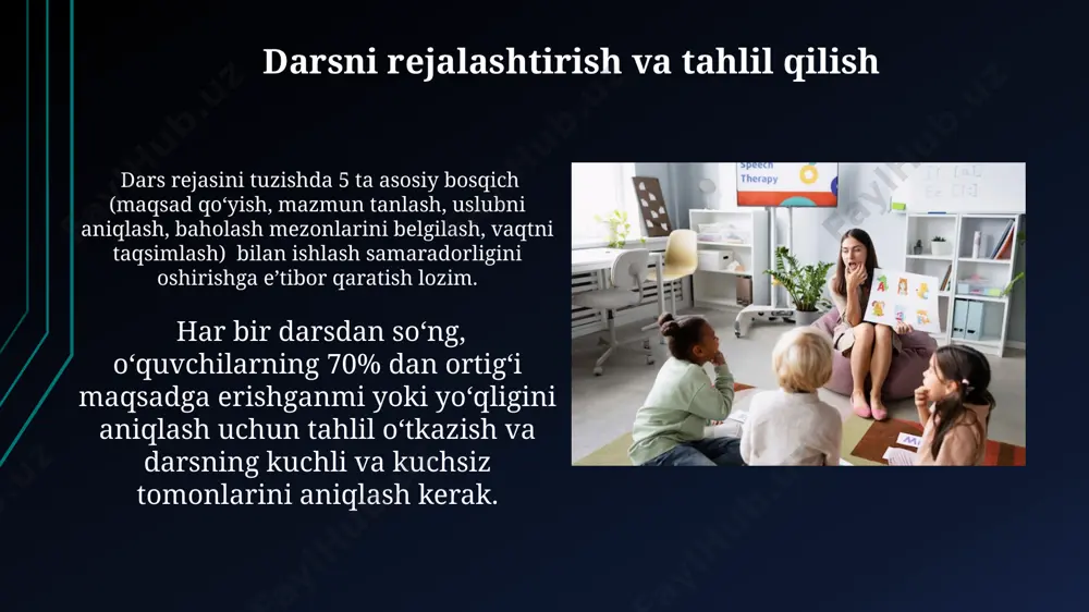 qinini o'zlashtirish darajasini ta'minlashga qaratilgan holda, o'yin texnologiyalari va individual yondashuvni qo'llab-quvvatlaydi. vazifalar, o'quv jarayonini 5 ta asosiy bosqichga bo'lish orqali amalga oshiriladi, har bir bosqich 15 daqiqaga mo'ljallangan va 20 ta amaliy mashqlarni o'z ichiga oladi. samarali dars oʻtishning omillari darsning samaradorligi oʻqituvchining pedagogik mahorati, jumladan, interfaol uslublarni qoʻllash va 25-30% vaqtni mustaqil ishlarga ajratish bilan bogʻliq. samarali dars oʻtishning muhim omillaridan biri oʻquvchilarning yosh xususiyatlari va kognitiv rivojlanish darajasini hisobga olish, ya’ni 6-7 yoshli bolalar uchun 15-20 minutlik faoliyatlarni rejalashtirishdir. zamonaviy ta'lim texnologiyalari zamonaviy ta'lim texnologiyalari interfaol o'quv dasturlari orqali 5-10 yoshli bolalarning 70% da o'rganish samaradorligini oshirishi isbotlangan. onlayn ta'lim platformalaridan foydalanish, o'rtacha 2-3 baravar ko'proq o'quv resurslariga kirish imkonini berib, bilim sifati va miqdorini oshiradi. e'tiboringiz uchun rahmat @taqdimot_robot image1.jpg image2.jpg image3.jpg image4.jpg image5.jpg image6.jpg image7.jpg image8.jpg image9.jpg image10.jpg image11.jpg image12.jpg image13.jpg image14.jpg image15.jpg image16.jpg image17.jpg