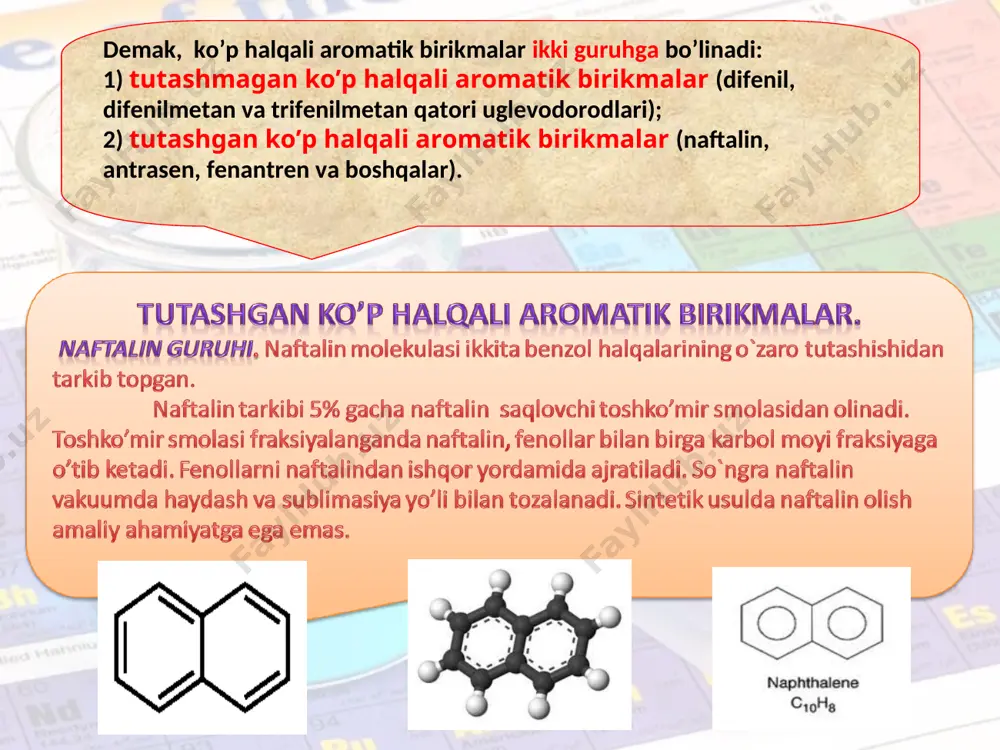 qizil rangdagi ignasimon kristall modda, 289oc da suyuqlanadi. suvda yomon, ishqorlarda yaxshi eriydi. alizarin bevosita bo’yovchi emas, lekin ba`zi metallar (alyuminiy, xrom, temir) oksidlari bilan rangli birikmalar hosil qiladi. fenantren yaltiroq, rangsiz kristallar. t-suyuqlanish 101 °c, t-qaynash 340 °c. suvda erimaydi, organik eritmalarda eriydi. bo’yoqlar ishlab chiqarishda ishlatiladi. antraxinon antraxinon — 9,10-antrasendiyenon, ochiq sarg’ish rangli kristallar, suvda deyarli erimaydi, organik eritmalarda eriydi. birinchi marta 1835 yilda ogyust loran tomonidanан antrasenni nitrat kislota bilan oksidlab olgan. anilin va nitrobenzolda eriydi. ogyust loran foydalanilgan manbalar: фон слайдов http://shkolazhizni.ru http://school-collection.edu.ru сера http://files.school-collection.edu.ru/dlrstore/bed068ac-8cff-11db-b606-0800200c9a66/ch09_22_08.jpg железо http://files.school-collection.edu.ru/dlrstore/0ab9188a-4185-11db-b0de-0800200c9a66/01.jpg золото http://files.school-collection.edu.ru/dlrstore/0ab91889-4185-11db-b0de-0800200c9a66/zoloto4.jpg калий http://files.school-collection.edu.ru/dlrstore/0ab8f17f-4185-11db-b0de-0800200c9a66/ch09-06_05.jpg кальций http://files.school-collection.edu.ru/dlrstore/0ab9188d-4185-11db-b0de-0800200c9a66/01.jpg магний http://files.school-collection.edu.ru/dlrstore/0ab91882-4185-11db-b0de-0800200c9a66/ch09_06_08.jpg марганец http://files.school-collection.edu.ru/dlrstore/0ab9188b-4185-11db-b0de-0800200c9a66/ch09_06_17.jpg натрий http://files.school-collection.edu.ru/dlrstore/0ab8f17e-4185-11db-b0de-0800200c9a66/ch09_06_04.jpg ртуть http://files.school-collection.edu.ru/dlrstore/0ab93f91-4185-11db-b0de-0800200c9a66/01.jpg свинец http://files.school-collection.edu.ru/dlrstore/0ab91887-4185-11db-b0de-0800200c9a66/ch09_06_10.jpg серебро http://files.school-collection.edu.ru/dlrstore/0ab91888-4185-11db-b0de-0800200c9a66/ch09_06_11.jpg хлор http://files.school-collection.edu.ru/dlrstore/bed0688e-8cff-11db-b606-0800200c9a66/ch09_18