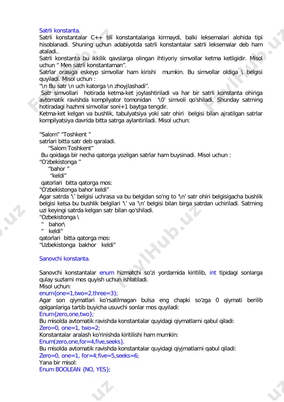 an : 66. .0 .12 3.14f 1.12e-12 ma’lumolarning uzun haqiqiy son turi : ohiriga l eki l suffikslari quyjilgan haqiqiy son. masalan: 2e+6l; 3. simvolli konstanta. bittalik qavslarga olingan bitta yoki ikkita simvol. misol uchun ‘x’,’*’,’\012’,’\0’,’\n’- bitta simvolli konstanta; ‘dd’,’\n\t’,’\x07\x07’ ikki simvolli konstantalar. ‘\’ simvolidan boshlangan simvollar eskeyp simvollar deyjiladi.simvolli konstanta qiymati simvolning kompyuterda qabul qilingan sonli kodiga tengdir. esc (eskeyp) simvollar jadvali: yozilishi ichki kodi simvoli (nomi) ma’nosi \a 0x07 bel (audible bell) tovush signali \b 0x08 bs (bascspase) bir qadam qaytish \f 0x0c ff (form feed) sahifani qaytarish \n 0x0a lf (line feed) qatorni o’tkazish \r 0x0d cr (carriage return) karetkani qaytarish \t 0x09 ht (horizontal tab) gorizontal tabulyatsi \v 0x0b vt (vertical tab) vertikal tabulyatsi \\ 0x5c \ (bacslash) teskari chiziq \’ 0x27 ‘ (single out) apostrif (oddiy qavs) \” 0x22 “ (double quote) ikkilik qavs \? 0x3f ? (question mark) savol belgisi \000 000 ë�þ�á�î�é� (octal …