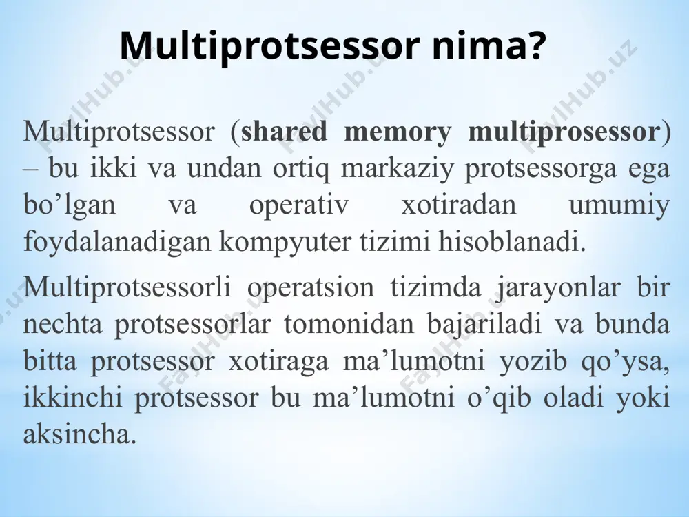 essori faqat o’zining lokal xotirasidan foydalanadi multikompyuterlar mazkur yondashuvdan ko’p protsessorli hisoblash tizimlarining ikki muhim turini tashkillashtirishda foydalaniladi: massivli-parallel tizimlar (massively parallel processor or mpp), misol uchun: ibm rs/6000 sp2, intel paragon, asci red, transpyuter tizimlari parsytec, klasterlar (clusters), misol uchun: ac3 velocity i ncsa nt supercluster. multikompyuterlar klaster – tarmoqqa birlashtirilgan ko’plab alohida kompyuterlar uchun maxsus apparat-dastur vositalari bo’lib, uning yordamida umumlashtirilgan boshqaruv imkoni ta’minlanadi (single system image), ishonchli ishlash (availability) va samarali foydalanish (performance) multikompyuterlar. klasterlar… afzalliklari: iste’molchilarda mavjud bo’lgan alohida kompyuterlar bazasida tashkil etilishi yoki ma’lum turga mansub kompyuter elementlaridan yig’ilishi mumkin; alohida protsessorlarning hisoblash kuchi oshib borishi nisbatan kam miqdordagi alohida kompyuterlardan klaster qurish imkonini beradi (lowly parallel processing), algoritmlarda hisoblarni parallel bajarish uchun faqat katta mustaqil qismlarga ajratish kifoya ekanligi (coarse granularity). image1.jpeg image2.png image3.png image4.png image5.wmf oleobject1.bin image6.wmf image7.wmf image8.emf oleobject2.bin oleobject3.bin oleobject4.bin image9.png image10.wmf oleobject5.bin image11.wmf oleobject6.bin o perativ xotira protsessor kesh protsessor …