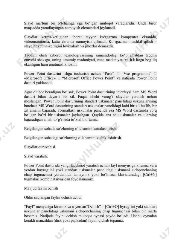 vazifalari ham bajariladi. dasturdagi asosiy tushunchalar bu slayd va prezentatsiya tushunchalaridir. prezentatsiya (taqdimot) – yaratilayotgan slaydlar turkumi va uni namoyish etish uchun beriladigan fayl nomi. masalan: prezentatsiya - power point dasturi ochilganda, sarlavhalar qatorida paydo bo‘lib, yaratilgan yoki yaratilayotgan taqdimotning ayni vaqtdagi nomi hisoblanadi. bu nomni keyinchalik o‘z xohishingizga ko‘ra almashtirishingiz mumkin. slayd ma’lum bir o‘lchamga ega bo‘lgan muloqot varaqlaridir. unda biror maqsadda yaratilayotgan namoyish elementlari joylanadi. slaydlar ketma-ketligidan iborat tayyor ko‘rgazma kompyuter ekranida, videomanitorda, katta ekranda namoyish qilinadi. ko‘rgazmani tashkil qilish – slaydlar ketma-ketligini loyixalash va jihozlar demakdir. taqdim etish axborot texnologiyasining samaradorligi ko‘p jihatdan taqdim etuvchi shaxsga, uning umumiy madaniyati, nutq madaniyati va h.k.larga bog‘liq ekanligini ham unutmaslik lozim. power point dasturini ishga tushurish uchun “pusk”  “vse programmi”  «microsoft office»  “microsoft office power point” va natijada power point dasturi yuklanadi. agar e’tibor beradigan bo‘lsak, power point dasturining interfeysi ham ms word dasturi bilan deyarli bir …
