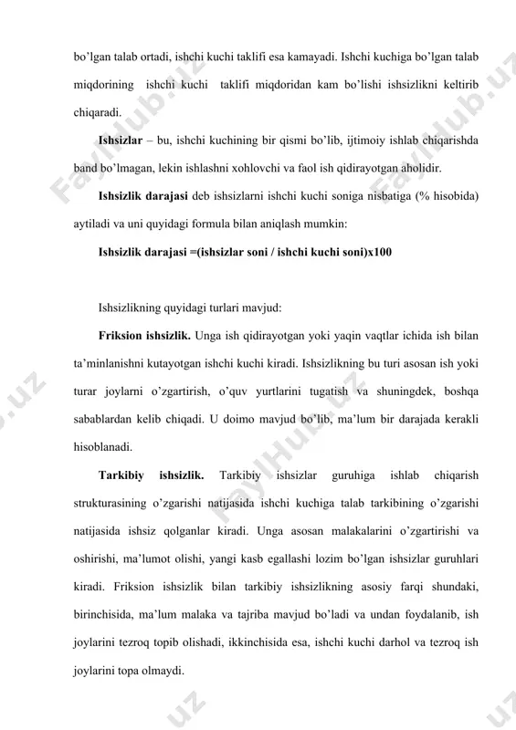 nd va faol ish qidirib yurgan ishsizlarga bo’linadi. 3. ishsizlikning iqtisodiy oqibatlari.a. ouken qonuni. barcha mavjud resurslardan to’liq foydalanish yoki ishsizlikning tabiiy darajasi holatida iqtisodiyotda yaratilishi mumkin bo’lgan mahsulot hajmini iqtisodiyotning ishlab chiqarish potensiali deb ataladi. mamlakatning ishlab chiqarish potensiali potensial yaim ko’rsatkichi bilan o’lchanadi. makroiqtisodiy beqarorlik tufayli, iqtisodiy pasayish davrida mamlakat o’z iqtisodiy potensialini to’liq ishga solmasdan, yaratilgan haqiqiy yaim hajmi (yh) potensial yaim (yp) hajmidan ortda qoladi. ya’ni yaimning uzilishi (yuz) ro’y beradi. yh – yp yuz= ----------------- 100 yp potensial yaim deganda mamlakatdagi ishlab chiqarish resurslaridan to’liq foydalanilgan sharoitda mumkin bo’lgan ishlab chiqarish hajmi tushuniladi. potensial yaim*ni hisoblashda mamlakatda ishsizlik mutlaqo yo’q deb emas, balki mavjud, biroq u tabiiy darajada, deb hisoblanadi. ishsizlik darajasining oshishi natijasida iqtisodiyot potensial yaim hajmini ololmaydi. shu sababli mamlakat miqyosida ishsizlikni uning tabiiy darajasida saqlash va tartibga solish iqtisodiy jihatdan katta ahamiyatga ega. ishsizlikning haqiqiy darajasi uning tabiiy darajasidan qanchalik yuqori bo’lsa, …