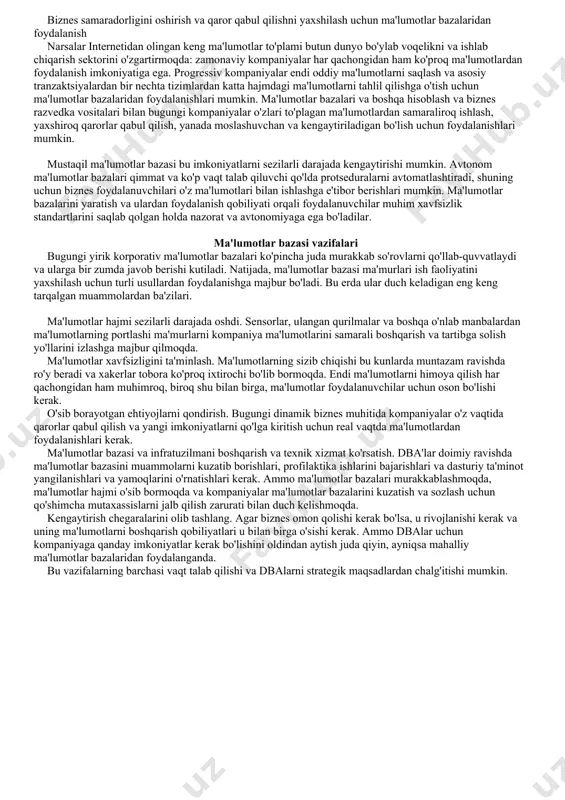 ilgan dasturlashda bo'lgani kabi, ob'ekt shaklida taqdim etiladi. tarqalgan ma'lumotlar bazalari. tarqalgan ma'lumotlar bazasi turli serverlarda joylashgan ikki yoki undan ortiq qismlardan iborat. bunday ma'lumotlar bazasi bir nechta kompyuterlarda saqlanishi mumkin. ma'lumotlar omborlari. ma'lumotlar ombori markazlashtirilgan ma'lumotlar ombori sifatida tezkor so'rov va tahlil qilish uchun maxsus mo'ljallangan ma'lumotlar bazasi turidir. nosql ma'lumotlar bazalari. nosql ma'lumotlar bazasi yoki aloqador bo'lmagan ma'lumotlar bazasi tuzilmagan yoki yarim tizimli ma'lumotlarni saqlash va qayta ishlash imkonini beradi (uning tarkibidagi ma'lumotlarning tuzilishini belgilaydigan relyatsion ma'lumotlar bazasidan farqli o'laroq). nosql ma'lumotlar bazalari tobora ommalashib bormoqda, chunki veb-ilovalar yanada kengroq va murakkablashadi. grafik ma'lumotlar bazalari. grafik ma'lumotlar bazasi ob'ektlar va ob'ektlar o'rtasidagi munosabatlar kontekstida ma'lumotlarni saqlaydi. oltp ma'lumotlar bazalari. oltp ma'lumotlar bazasi - bu bir nechta foydalanuvchilar tomonidan amalga oshiriladigan biznes operatsiyalarini amalga oshirish uchun mo'ljallangan ma'lumotlar bazasi. bular hozirda foydalanilayotgan oʻnlab maʼlumotlar bazasi turlaridan bir nechtasi. boshqa, kamroq tarqalgan ma'lumotlar bazalari juda aniq ilmiy, moliyaviy va boshqa …
