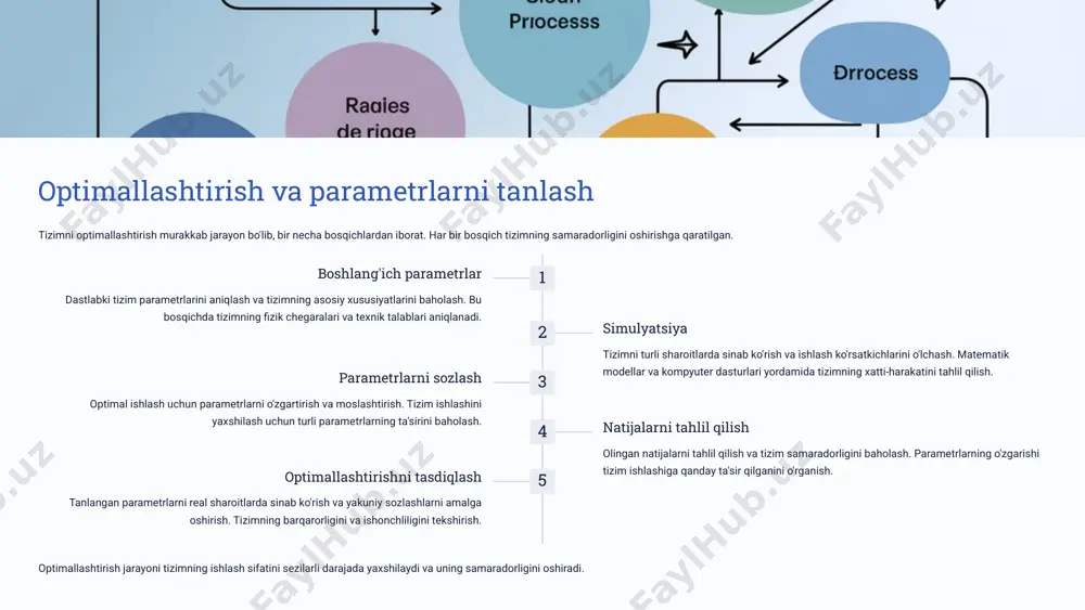 orqali tizimni tahlil qilish imkonini beradi. bu jarayonda vaqt ketma-ketligi algebraik ifodaga aylantiriladi. z-almashtirish yor-damida murakkab vaqt funk-siyalarini sodda algebraik ifodalar orqali tasvirlash mumkin. uzatish funksiyasi tizimning kirish va chiqish signallari orasidagi bog'liqlikni ifodalaydi. u tizimning chastota xususiyatlarini, turg'unligini va dinamik xarakteristikalarini ko'rsa-tadi. z-sohada uzatish funksiyasi ratsional kasr ko'rinishida bo'lib, sur'at va maxraj ko'phadlaridan tashkil topgan. qutblar va nollar tizim xususiyatlarini aniqlash uchun muhim nuqtalar bo'lib, ular tizimning barqarorligini, tebranish xususiyatlarini va o'tkinchi jarayon sifatini belgilaydi. qutblar uzatish funksiyasi maxrajining, nollar esa sur'atining ildizlari hisoblanadi. z-almashtirish usuli raqamli filtrlarni loyihalash, tizim barqarorligini tekshirish va boshqaruv tizimlarini sintez qilishda keng qo'llaniladi. bu usul yordamida murakkab diskret tizimlarni samarali tahlil qilish va loyihalash mumkin. 8 raqamli pid boshqaruvchilar proportsional xatoga proportsional ravishda ta'sir ko'rsatadi 1 integrallash xatoning yig'indisini hisobga oladi 2 differensial xatoning o'zgarish tezligiga ta'sir qiladi 3 har bir komponentning o'z koeffitsienti mavjud bo'lib, ularni to'g'ri sozlash orqali tizimning optimal ishlashiga …