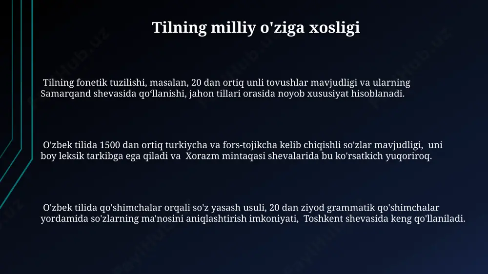 subyekt-verb-obyekt) tartibi ham qo'llaniladi, bu esa nutqning ifodali va mazmunli bo'lishini ta'minlaydi. tilning kelib chiqishi va taraqqiyoti oʻrta osiyo hududida topilgan, miloddan avvalgi i ming yillikka oid arxeologik topilmalar, xususan, xorazm va buxoro yaqinlaridagi yozuv namunalari tilning mahalliy rivojlanishiga oid muhim maʼlumotlar beradi. tilning qadimgi mesopotamiyada, miloddan avvalgi 3000-yillarda paydo boʻlgan yozuv tizimlari bilan chambarchas bogʻliqligi va shu davrda paydo boʻlgan klinopis yozuvi orqali tilning rivojlanishining dastlabki bosqichlarini kuzatish mumkin. miloddan keyingi 1-ming yillikda arab xalifaligining kengayishi bilan arab tili oʻrta osiyoda keng tarqalib, mahalliy tillarning lugʻat boyligiga 1000 dan ortiq soʻz taʼsirini oʻtkazgan. til va ta'lim samarqanddagi alisher navoiy nomidagi davlat universitetida olib borilgan eksperimentda, 100 nafar talabaga zamonaviy texnologiyalar yordamida til o'qitishning samaradorligi an'anaviy usullarga nisbatan 2 barobar yuqori bo'lganligi aniqlangan. toshkentdagi 50 dan ortiq maktabda til o'rgatish uslublari bo'yicha 2023-yilgi tadqiqotlar shuni ko'rsatdiki, interaktiv o'qitish usullari o'quvchilarning tilni o'zlashtirish darajasini 15% ga oshirgan. farg'ona viloyatida 2022-yilda o'tkazilgan …