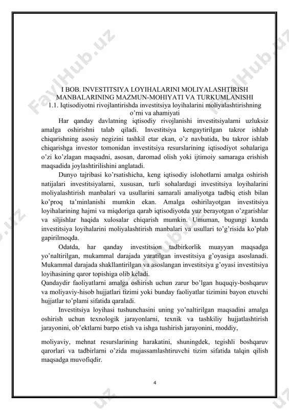 malga oshirilayotgan investitsiya loyihalarining hajmi va miqdoriga qarab iqtisodiyotda yuz berayotgan o’zgarishlar va siljishlar haqida xulosalar chiqarish mumkin. umuman, bugungi kunda investitsiya loyihalarini moliyalashtirish manbalari va usullari to’g’risida ko’plab gapirilmoqda. odatda, har qanday investitsion tadbirkorlik muayyan maqsadga yo’naltirilgan, mukammal darajada yaratilgan investitsiya g’oyasiga asoslanadi. mukammal darajada shakllantirilgan va asoslangan investitsiya g’oyasi investitsiya loyihasining qaror topishiga olib keladi. qandaydir faoliyatlarni amalga oshirish uchun zarur bo’lgan huquqiy-boshqaruv va moliyaviy-hisob hujjatlari tizimi yoki bunday faoliyatlar tizimini bayon etuvchi hujjatlar to’plami sifatida qaraladi. investitsiya loyihasi tushunchasini uning yo’naltirilgan maqsadini amalga oshirish uchun texnologik jarayonlarni, texnik va tashkiliy hujjatlashtirish jarayonini, ob’ektlarni barpo etish va ishga tushirish jarayonini, moddiy, moliyaviy, mehnat resurslarining harakatini, shuningdek, tegishli boshqaruv qarorlari va tadbirlarni o’zida mujassamlashtiruvchi tizim sifatida talqin qilish maqsadga muvofiqdir. to’liq shakllangan, yakuniga etgan investitsiya loyihasini tuzish va amalga oshirish umumiy holda quyidagi bosqichlarni o’z ichiga qamrab oladi:  investitsiya g’oyasini shakllantirish;  investitsion imkoniyatlarni tadqiq etish;  investitsiya …