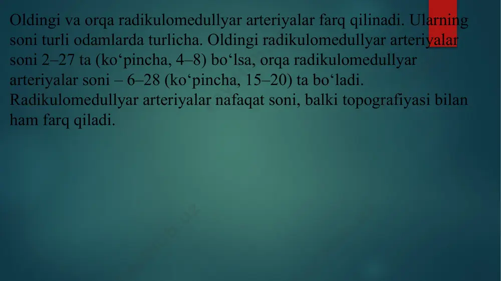 sindromi. bemor yura boshlaganda oyoqlar uvishib, ularda holsizlik paydo bo‘ladi. uvishish va paresteziyalar qorinning pastki qismida ham kuzatiladi. tos a’zolari funksiyasi buziladi. bemor 5–10 daqiqa o‘tirib dam olgach, paydo bo‘lgan simptomlar o‘tib ketadi. bemor o‘rnidan turib yana yura boshlaydi. bu sindrom orqa miyaning pastki torakal va bel-dumg‘aza segmentlarining o‘tkir ishemiyasida ro‘y beradi. bo‘yin kengligi oldingi spinal arteriyasi (radikulomedullyar arteriya) zararlanishi. qo‘llarda periferik, oyoqlarda markaziy paraparez, ya’ni aralash tetraparez rivojlanadi. harakat buzilishlari ba’zida yengil, ba’zan esa tetraplegiya darajasida namoyon bo‘ladi. zararlangan sohada segmentar tipda, undan pastda o‘tkazuvchi tipda sezgi buzilishlari ro‘y beradi. tos a’zolari funksiyasi markaziy tipda buziladi. radikulomedullyar arteriyaning surunkali kompressiyasida kasallik belgilari yon amiotrofik skleroz klinikasiga o‘xshab kechadi. arteriyaning o‘tkir trombozi yoki kompressiyasida kasallik klinikasi o‘tkir spinal insult tipida rivojlanadi. arteriyaning bir tomonlama zararlanishida (travmatik, kompression, trombotik) broun-sekar sindromi paydo bo‘ladi: o‘choq tomonda markaziy parez, qarama-qarshi tomonda yuzaki sezgining o‘tkazuvchi tipda buzilishi kuzatiladi. biroq chuqur sezgi buzilmay qoladi, chunki …