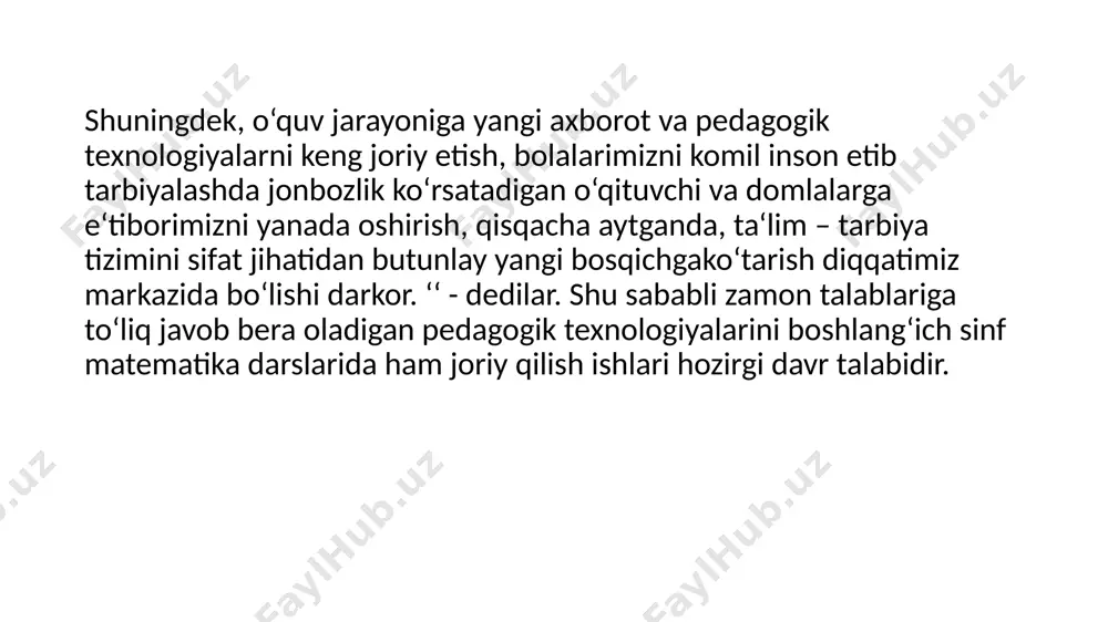 ha belgilangan, aniq jadval asosida, aniq vaqt mobaynida o’qituvchi rahbarligida o’quvchilarning o’zgarmas soni bilan tashkil etilgan o’quv jarayoniga aytiladi. 2.2 matematika darsining o’ziga xos tomonlari, eng avvalo, bu o’quv predmetining xususiyatlaridan kelib chiqadi. bu xususiyatdan biri shundan iboratki, unda arifmetik material bilan bir vaqtda algebra geometriya elementlari ham o’rganiladi.matematika boshlang’ich kursining boshqa o’ziga xos tomoni nazariy amaliy masalalarning birgalikda qaralishidir. shuning uchun xar bir darsda yangi bilimlar berilishi bilan unga doir amaliy o’quv malakalar singdiriladi. taniqli olim j.ikromov o’zining “language of teaching mathematics” kitobida "maktab o’quvchilarining matematik madaniyati shakllanishi bir necha davrga bo’linadi",-deb takidlaydi. birinchi navbatda ular obyektiv tushunchalarning birgalikda tashkil etadigan mazmuni — matematik reallikni aniqlab oladilar. bu yerda matematik reallik jumlasiga etibor qaratadigan bo’lsak ushbu reallikni o’quvchilar matematik hisob kitoblarning turmush jarayonidagi ahamiyatini bevosita bilganlarida yani kundalik turmush bilan bog’liq misol va masalalarni bevosita bajarganlaridagina his qiladilar. demak kundalik turmush bilan bog’liq holda matematika o’qitishni tashkil etish o’quvchi …