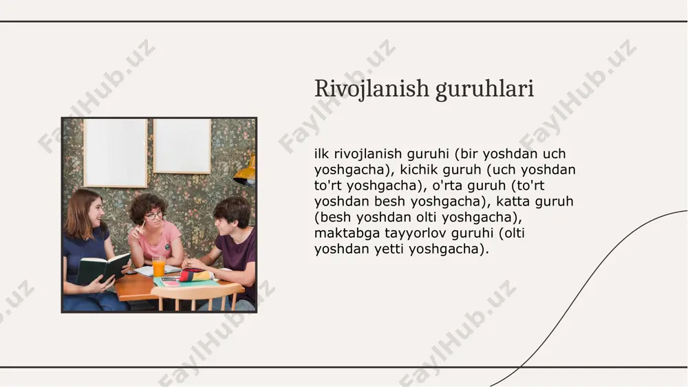 'sib kelayotgan barkamol avlod ta'lim-tarbiyasiga katta e'tibor qaratmoqda. bu borada kerak bo'lsa, xorijiy davlatning ilg'or tajribalaridan unumli foydalanish orqali milliy ta'lim va tarbiya tizimini yanada takomillashtirish davr talabi hisoblanadi. zero, mamlakatimiz ezgu maqsad-uchinchi renesans davrini barpo etishni rejalashtirgan. ana shunday ezgu maqsadlarni esa albatta bugungi kunda voyaga yetayotgan avlod amalga oshiradi. maktabgacha ta'lim va tarbiya esa ana shu avlodni ta'limning birinchi bo'g'inidan savodli va tarbiyali bo'lishini ta'minlashga xizmat qilishi kerak xulosa thanks! image1.jpg image2.jpg image3.png image4.jpg image5.jpg image6.jpg image7.jpg image8.jpeg image9.jpg image10.jpg image11.jpg image12.jpg image13.jpg image14.jpg image15.jpg image16.jpg
