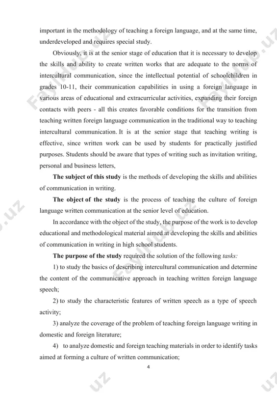 nd abilities of communicative written speech; 6) develop tasks and exercises and experimentally test their effectiveness in the process of teaching the culture of foreign language written communication of high school students. taking into account the foregoing, this study puts forward the following hypothesis : a communicative approach in teaching written speech will be effective if: - the main goals and objectives of training are formed; - the content of the training corresponds to the interests and communicative needs of students in the field of foreign language writing; - the learning process is based on educational and methodological material, which presents exercises aimed at developing the skills and abilities of written communicative speech. to solve the tasks and test the hypothesis, the following methods of scientific research were used: 1) study and analysis of literature on this issue; 2) observation of the educational process in the course of work at …