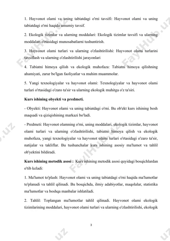 lar va takliflar ma'lum qilinadi. kurs ishining asosiy qismi maqbul yechimlar va tavsiyalar bilan tugatiladi. kurs ishining tuzilmasi: kirish, asosiy qism, xulosa va foydalanilgan adabiyotlar ro'yxatidan iborat. asosiy qism 1. hayvonot olami turlari , sistematikasi va tipi - hayvonot olami turlari va ularning moddalari haqida asosiy ma'lumotlar. - bu turlarning tabiatdagi o'rni va ularning o'ziga xos xususiyatlari. hayvonot olami turlari va moddalari haqida tavsif quyidagi bosqichlarni o'z ichiga oladi: 1. hayvonot olami turlari: - hayvonot olami turkumlarini tavsiflash, ularning buyum, ulush, vaqtiy yoki doimiy o'zgarishlar, o'sish tezligi va ishlab chiqarish usullari kabi asosiy xususiyatlarini ta'riflash. - hayvonot olami turkumlarining umumiy xususiyatlari (misol: uzoq bo'yligi, og'irligi, tomonlari, organlari va ularning funktsiyalari). 2.hayvonot olamining sistematikasi: hayvonlar sistematikasi -sistematikaikt bir boʻlimi. hayvonlar sistematikasini ilk bor aristotel (miloddan avvalgi 4-asr) ishlab chiqqan. u hayvonlarning 252 formasiga tavsif berib, ularni 2 ta katta guruh: qonlilar (hozirgi umurtqalilar) va qonsizlar (hozirgi umurtqasizlar)ga va 8 ta kichik …