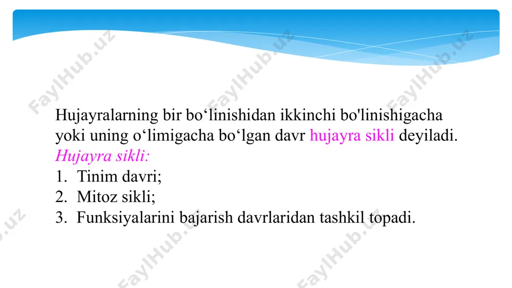ezoksiribonuklein kislotasi (dnk) va oqsil gistonlardan tashkil topgan. bundan tashqari, xromosomada rnk, kalsiy,magniy, temir ionlarining birmuncha miqdori va gistonsiz oqsillar ham mavjud. somatik hujayralarda xromosomalar soni jinsiy hujayralardagi xromosomalar soniga nisbatan ikki marta ko‘p. chunki ular miqdorining yarmi ona jinsiy hujayralaridan, yarmisi ota jinsiy hujayralaridan o‘tgan. somatik hujayradagi xromosomalar soni diploid to‘plam deyiladi va 2n bilan belgilanadi. jinsiy hujayralardagi xromosomalaming soni gaploid to‘plam deyiladi va n bilan ifodalanadi. diploid to‘plamdagi morfologik jihatdan bir-biridan farq qilmaydigan juft xromosomalar gomologik xromosomalar deb ataladi. kariotip — u yoki bu turdagi organizm som atik hujayralardagi xromosomalarning soni, hajmi, shaklini ifodasi. har bir turning somatik hujayralaridagi xromosomalaming katta kichikligi, shaklining grafik tasviri idiogramma nomini olgan. mitozning biologik ahamiyati hujayrada irsiy moddaning yangi hujayralarga o’tkazlishi irsiy moddalarning yangi hujayralarga teng taqsimlanishi organizmlar o’sishi? rivojlanishi, regenerasiyalanishini ta’minlaydi meyoz-jinsiy hujayralarning hosil bolish usuli. toshkent shahridagi yodju texnika institutu kimyo va biologiya kafedrasi “genetika asoslari va bolaning rivojlanishida irsiy …