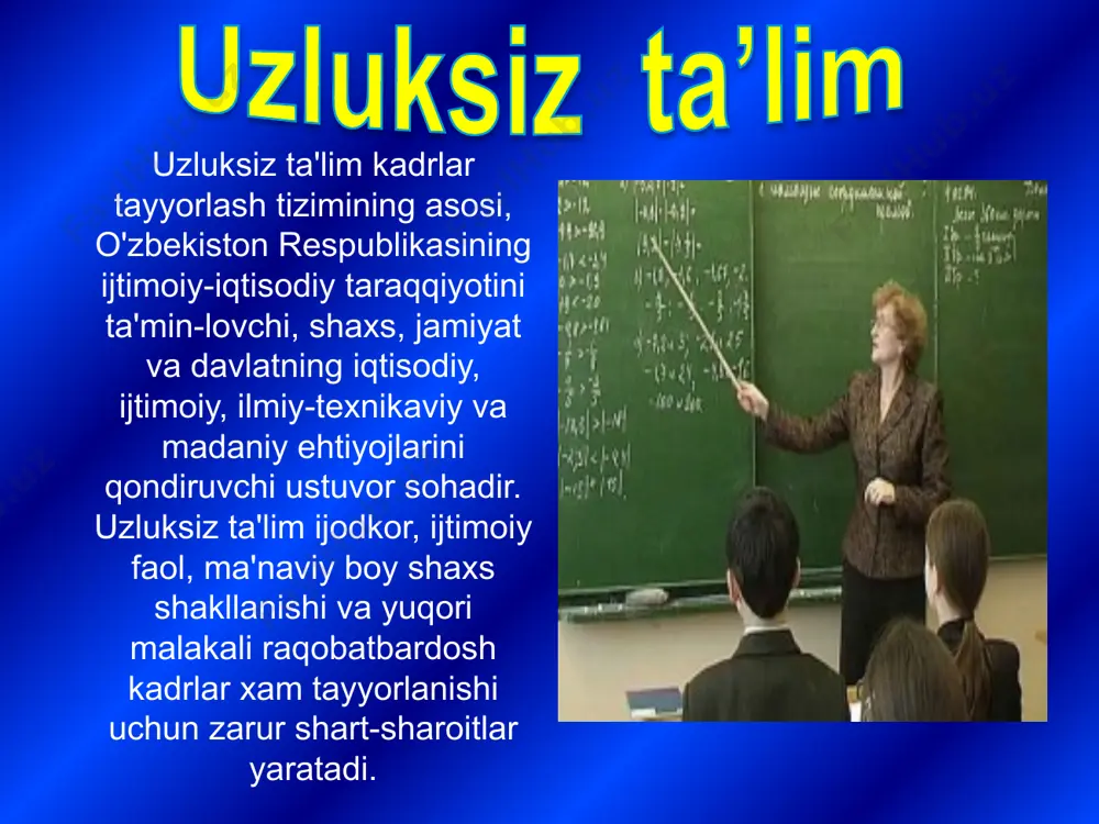 ta'lim muassasalarida davom ettirish yoki mehnat faoliyati jarayonida ro'yobga chiqarishlari mumkin. kasb-hunar kolieji tegishli davlat ta'lim standartlari doirasida o'rta maxsus, kasb-hunar ta'limi beradi: o'quvchilarning kasb-hunarga moyilligi, bilim va ko'nikmalarini chuqur rivojlantirish, tanlagan kasb-hunar bo'yicha bir yoki bir.necha ixtisosni egallsh imkonini beradi. kasb-hunar kollejlari jihozlanganlik darajasi, pedagogik tarkib-ning tanlanganligi, o'quv jarayonining tashkil etilishi jihatidan yangi tipdagi ta'lim muassasalari hisoblanadi. ular bir yoki bir necha zamonaviy kasb-hunarni egallash hamda tegishli o'quv fanlaridan chuqur nazariy bilim olish imkonini beradi. o'rta maxsus, kasb-hunar ta'limi oliy ta'lim o'rta maxsus, kasb-hunar ta'limi negiziga asosla-nadi hamda ikki (bakalavriat va magistratura) bosqichga ega. i oliy ta'lim muassasalariga talabalar qabul qilish davlat grantlari va pullik-shartnomaviy asosda amalga oshiriladi. bakalavriat — mutaxassisliklar yo'nalishi bo'yicha fundamental va amaliy bilim beradigan, ta'lim muddati kamida to'rt yil davom etadigan tayanch oliy ta'limdir. \ bakalavrlik dasturi tugallanganidan so'ng bitiruvchilarga davlat attestatsiyasi yakunlariga binoan, kasb bo'yicha „bakalavr" darajasi beriladi va davlat tomonidan tasdiqlangan namunadagi, kasb-hunar …