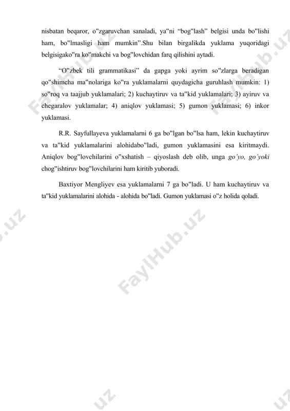 tiladi. bu bog‟lovchilar gapdagi vazifasi jihatidan ma‟lum xususiyatlarga ega: ularning ayrimlari tamomila bog‟lovchiga aylangan bo‟lib, faqat bosh va ergash gaplarni bir – biriga bog‟laydi. bunday yordamchilarga –ki, chunki, negaki, sababki kabi so‟zlar kiradi va ular sof bog‟lovchilar sanaladi”. ayrim bog‟lovchilar o‟z tabiati bilan yuklamaga o‟xshab ketadi. bunday yordamchilarga agar, bordiyu, basharti, mabodo, go’yo, toki, garchi kabi so‟zlar kiradi va ular bog‟lovchi yuklamalar deyilishini a. g‟ulomov va m. asqarova ta‟kidlab o‟tadi. ko‟pincha bu so‟zlar bir – biriga sinonimday qo‟llansa ham, ularning ishlatilishida ma‟lum farqlar bor. to‟siqsiz ergash gapli qo‟shma gapda mazmunan zidlikni kuchaytirib ko‟rsatish uchun garchi (garchand) so‟zlari ishlatiladi: 1. garchi bu ikki egachi- singil bir qorindantalashib tushkan bo‘lsalar ham, sajiya — xarakterda tanib bo‘lmasliq darajada birbirlaridanfarqlik edilar. 2. garchi muddao kun kabi oshkora bo‘lgan bo‘lsa ham nima uchundir qutidor yanao‘zini tag‘ofilga solib so‘radi:— u kimning qizi emish? 3. hokimlargagarchi to‘g‘ri bo‘lg‘anda ham dag‘alroq so‘z aytish o‘limni tilash bilan teng edi. …