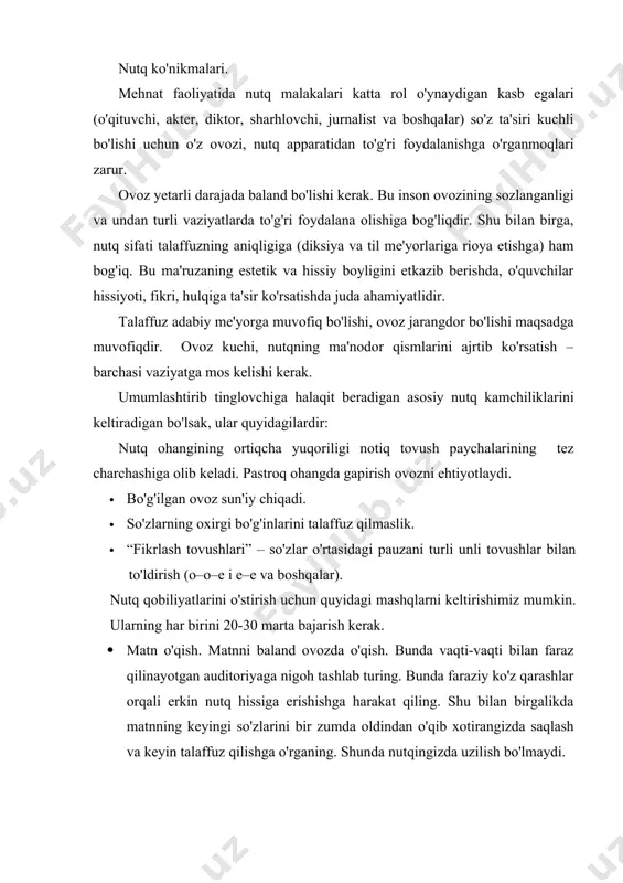 chun foydalanamiz. bu deganiqi, fikrning asosi kalit so'zlar qatori orqali ifodalangan. bitta fikrni kalit so'zlarga tayangan holda turlicha shakllantirish mumkin. · hikoya. o'zingiz yoki boshqa kimdir bilan sodir bo'lgan voqealarni gapirib berishda mashq qiling. · ish yuzasidan axborot berish. gazeta maqolasidan kalit so'zlar majmuasini tayyorlang va “o'zingizning so'zlaringiz”ga o'girgan holda uning mazmunini yoriting. shundan so'ng maqolani birgina gapgacha qisqartiring, keyin esa o'z fikrlaringizni qo'shish orqali uni kengaytiring. · rasmlarni sharhlash, ekspromt tarzda nutq so'zlash ham katta samara beradi. · notiq nuqtai nazarini ifodalovchi nutq. aniq mavzuga (xobbi, kasbiy maqsad va hokazo) bag'ishlangan 3 minutdan 5 minutgacha bo'lgan axborot tayyorlang. uning boshki qismida kalit so'zlardan foydalaning, oxirgi qismini esa erkin tarzda shakllantiring (nutqni ham ovoz chiqarib, ham ovozsiz takrorlab ko'ring). maqolada berilgan ma'lumotga o'z munosabatingizni aniqlang: shu fikrga qo'shilasizmi yo'qmi? fikringizni tasdiqlovchi qo'shimcha ma'lumotlar keltiring. · notiqlar nutqini o'rganish. notiqlar chiqishlarini kuzatganda ularni ikki nuqtai nazardan tahlil qiling: · nima deyildi? …
