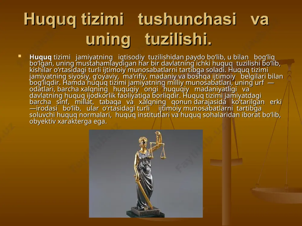 azib uning huquq tizimiga kiruvchi — huquq sohalari yangilanib rivojlanib bormoqda. o‘zbekiston respublikasining asosiy huquq sohalari quyidagilardan iborat konstitutsiyaviy huquq — bu huquq sohasi o‘zrsida davlat hokimiyatini amalga oshirish shaklini, fuqarolarning holatini, iison huquqi va erkinliklarini kafolatlovchi huquqiy normalarni, ma’muriy hududiy va davlat tuzilish shaklini, oliy majlis, prezident va vazirlar mahkamasi faoliyatini, saylov tizimi, prokuratura, moliya va kredit, mudofa va xavfsizlikka oid huquqiy normalar yig‘indisidir. bu huquqning manbai mustaqil o‘zbekiston respublikasining yangi konstitutsiyasi, turli qonunlar va boshqa hujjatlardir . huquq tizimida xalqaro huquq huquq tizimida xalqaro huquq alohida o‘rin egallaydi. u biron davlatning milliy huquq tizimiga kirmaydi. xalqaro huquq, turli ijtimoiy sistemadagi davlatlar o‘rtasida tinch — totuv yashash tamoyillariga va ular o‘rtasidagi diplomatiya va boshqa turli ijtimoiy munosabatlarni tartibga soladi. xalqaro huquqning subyekti faqat davlatlar bo‘ladi. bu huquq manbai turli xalqaro shartnomalar, bitimlar, konvensiyalar va boshqa xalqaro normalar qisoblanadi. xalqaro huquq xalqaro umumiy va xususiy sohalari mavjud. xalqaro dengiz huquqi …