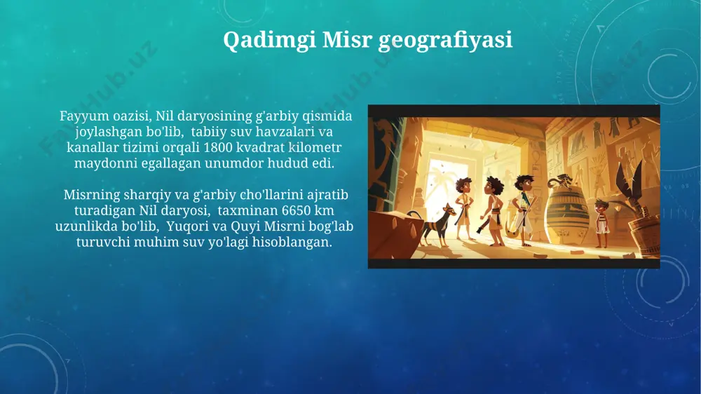 li yutuqlarga erishdilar, 365 kunlik taqvimni yaratdilar va geometriya printsiplarini qo'llab qurilish ishlarida muvaffaqiyat qozandilar. piramidalar va qabristonlar saqqara nekropolisi, qadimgi misrning birinchi poytaxti memfis yaqinida joylashgan bo'lib, 6000 yildan ortiq davr mobaynida 40 dan ortiq fir'avnlar va minglab zodagonlarning dafn marosimlari o'tkazilgan. abydosdagi qadimiy qabriston majmuasi, taxminan 3500 dan ortiq yillik tarixga ega bo'lib, serabit el-xadimdan topilgan iyeroglif yozuvlari bilan mashhur. yozuv va adabiyot "qadimgi shohlik" davrida (taxminan miloddan avvalgi 2686-2181-yillar) yaratilgan "piramida matnlari" 5000 dan ortiq iyeroglifdan iborat bo'lib, o'liklarning oxiratdagi hayoti haqida hikoya qiladi. misr adabiyoti afsonalar, diniy matnlar, she'rlar va hikoyalardan iborat bo'lib, qadimgi thebes shahri kabi muhim markazlarda saqlanib qolgan ko'plab qo'lyozmalarni o'z ichiga oladi. qadimgi misr davlatining shakllanishi qadimgi misr davlatining shakllanishi miloddan avvalgi 3100 yilda yuqori va quyi misrning birlashuvi bilan bog'liq bo'lib, nubiya va yaqin sharq madaniyatlariga ta'sir ko'rsatgan. miloddan avvalgi 3000 yillarga kelib, misrda markazlashgan hukumat tizimi, 7 ta nomlarga bo'lingan …
