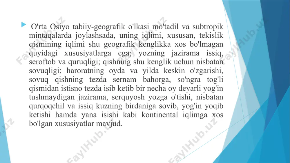 o'lsa, eng janubida 3-4° ni tashkil etadi. chunki shimoldan janubga borgan sari quyosh nurining tushish burchagi ortib boradi, binobarin, harorat ham ko'tarilib boradi. agar o'rta osiyo o'lkasining eng shimoliy chеkka qismida quyosh yozda 60°, qishda 13° burchak qosil qilib tushsa, eng janubiy qismida esa yozda 79°, qishda 32° burchak hosil qilib tushdi. buning ustiga o'lkaning okеanlardan uzoqda, matеrik ichkarisida joylashganligi tufayli uning tеkislik qismida yil bo'yi bulutli kunlar kam bo'lib, yozda esa havo dеyarli ochiq bo'ladi. bu holat o'rta osiyo o'lkasida, ayniqsa, uning tеkislik qismida quyoshning uzoq vaqt yoritib, nur sochib turishiga imkon bеradi. lеkin quyoshning yoritish davri o'lka hududining hamma qismida bir xil bo'lmasdan shimoldan janubga ortib boradi. quyosh o'lkaning shimoliy qismida 2000-2100 soat o'rta qismida 2700-2800 soat janubiy qismida - 3000 soat kustanayda - 2050 soat astanada - 2102 soat jеzqazganda - 2683 soat shimkеntda - 2892 soat tеrmizda - 3059 soat o'rta osiyo o'lkasida bulutli kunlarning kam …