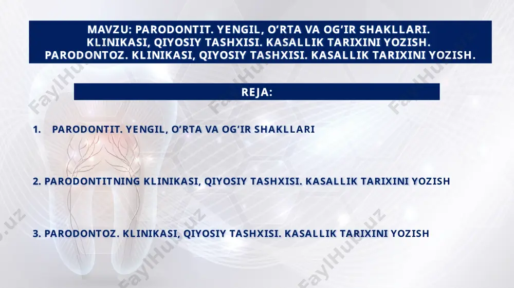 jinsi, sotsial-ekologik darajasi); 2. mahalliy sabablar (mikrobli karashlar, okklyuzion jarohatlar, 3. yatrogen: plomba, protez, ortodontik moslamalarning nuqsonlari); 4. zararli odatlar (og'iz bo'shlig'i gigienasiga rioya qilmaslik); 5. tizimli omillar (balog'at yoshidagi gormonal o'zgarishlar, homiladorlik, menopauza), 6. dorilar (gidantoin, steroidlar, immunodepressantlar, peroral moddalar, ogʻir metal tuzlari, siklosporin). parodontit. yengil, o’rta va og’ir shakllari parodontit – parodont to‘qimasining yallig‘lanishi bo‘lib, tish-milk birikmasining zararlanishi bilan boshlanadi va parodont to‘qimasi, tishlararo suyak to‘qimali to‘siqlarning destruksiyasi bilan xarakterlanadi.  yengil, o‘rta va og‘ir darajalari farqlanadi.  o‘tkir va surunkali, o‘tkirlashgan, remissiya davrlari kuzatilishi mumkin. parodontit ham lokal (o‘choqli) yoki generallashgan (tarqoq) bo‘lishi mumkin. parodontal cho‘ntaklar chuqurligi, alveolyar o‘siq suyak to‘qimasining destruksiya darajasi va buning oqibatida qimirlab qolgan tishlar yallig‘lanish jarayonining og‘irligini baholash mezonlari bo‘lib xizmat qiladi. 🦷 parodontitning yengil darajasi  klinik belgilar:  parodontal cho‘ntakning chuqurligi 3–5 mm gacha yetadi.  ular asosan tishlar oralig‘ida joylashadi.  tishlarning qimirlashi kuzatilmaydi.  indutsirlangan qonash holatlari aniqlanishi …