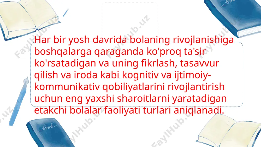 ishga va boshqalarga nisbatan sezgirlikni oshirishga yordam beradi. 6 5. muammolarni hal qilish: rolli o'yinlar bolalar uchun turli muammolarni hal qilishda yordam beradi. ular o'zlarini turli rollarda tasavvur qilib, muammoni qanday hal qilishni o'rganadilar. rollarni o'ynash va syujetli o'yinlar maktabgacha yoshdagi bolalar uchun nafaqat qiziqarli, balki ularning kognitiv, hissiy va ijtimoiy rivojlanishi uchun ham nihoyatda muhimdir. bu faoliyat o'yin jarayonida o'zlarining dunyoqarashlarini shakllantirishga yordam beradi. rolli o'yinlar bolalarga turli rollarni o'ynash imkoniyatini beradigan, ijtimoiy, emotsional va kognitiv rivojlanishni qo'llab-quvvatlovchi o'yinlardir. quyida rolli o'yinlarning ba'zi asosiy turlari keltirilgan: oila o'yinlari bola o'zini oila a'zolaridan biri sifatida tasavvur qilib, ota-ona, aka-uka, opa-singil yoki bobosi kabi rollarni o'ynaydi. bu o'yinlar orqali bolalar oilaviy munosabatlar, mas'uliyat, qayg'ularni va baxtni tushunishadi. misol uchun, "ota-ona bo'lish" o'yinlari bolaga oilaviy roli, mehr-oqibat va yordam ko'rsatishni o'rgatadi. teatr o'yinlari bola biror hikoya yoki ertakni sahnalashtiradi, turli personajlarni o'ynaydi. bu o'yinlar bolalar uchun tilni rivojlantirish, xotirani mustahkamlash, ijodiy fikrlashni …