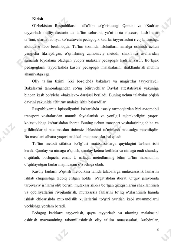 lash bilan birgalikda olib boriladi. mavzuning dolzarbligi. bitiruv malaka ishini mavzusi avtomobil va dvigatellarga txk fanini о‘qitishda fanlararo bog‘lanishni ta’minlashning pedagogik asoslash, mavzuning dolzarbligi shundan iboratki, hozirgi kunda kasb-xunar kollejlarida mutaxassislik fanlarini о‘qitishda fanlararo bog‘lanishlarga yetarli darajada e’tibor qaratilib, hozirgi kunda yangi pedagogik texnologiyalar asosida ta’lim jarayonini tashkil etish va shu asosda tegishli uslubiy tavsiyalar ishlab chiqish muhim masalalardan hisoblanadi. bmi ning maqsadi: mehnat ta’limi yо‘nalishi bо‘yicha qishloq xо‘jaligi mehnatidan “gaz taqsimlash mexanizmi” mavzusini о‘qitishning ilmiy uslubiy asoslarini ishlab chiqish va uni amaliyotda sinab kо‘rish. tadqiqot obyekti: umumiy о‘rta ta’lim maktablarida mehnat ta’limidan qishloq xо‘jalik mehnati fanini о‘kitish jarayoni. tadqiqot predmeti: qishloq xо‘jaligi mehnatidan “gaz taqsimlash mexanizmi” mavzusini noan’anaviy ta’lim metodi asosida о‘kitish. bitiruv malakaviy ishining vazifalari quyidagicha belgilab olindi. 1. amaliy mashg‘ulot va mavzuni tavsiflash. mavzuning uslubiy va texnik ta’minotini tahlil qilish. 2. gaz taqsimlash mexanizmini vazifasi, ishlashi, txk va t ishlari va unda uchraydigan asosiy nosozliklar va ularni …