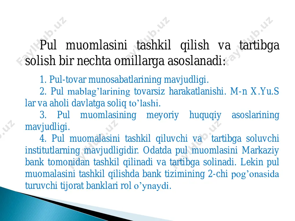 tish pul muomalasi holatini tahlil qilishga turli tomonlardan yondashishga imkon beradi. rezerv pullar va kvazi pullarning o‘ziga xos xususiyatlari. rezerv pullar - markaziy bankning majburiyati bo‘lib, o‘z ichiga quyidagi passivlarni oladi: markaziy bankdan tashqaridagi naqd pullar, majburiy zaxiradagi mablag‘lar, tijorat banklarining markaziy bankdagi vakillik hisobvarag‘idagi mablag‘lar va markaziy bank mijozlarining depozitlari. kvazi pullar esa – pul massasi kabi bank tizimining majburiyati sifatida u o‘z ichiga quyidagi passivlarni oladi: talab qilib olinguncha depozitlar, muddatli depozitlar, jamg‘arma depozitlari, xorijiy valyutadagi depozitlar. rezerv pullarning xususiyati shundan iboratki, u bir tomonidan markaziy bankning majburiyati bo‘lsa, ikkinchi tomondan monetar siyosatning maqsadli ko‘rsatkichi hisoblanadi. germaniyada pul agregatlari m1 muomaladagi naqd pullar (banknotalar, tangalar) va joriy bank schyotlaridagi mablag’lar m2 m3 m1 agregati va tijorat banklaridagi muddatli va jamg’arma qo’yilmalaridan (4 yilgacha) m2 agregati va ixtisoslashgan kredit muassasalaridan jamg’arma qo’yilmalari + deposit sertifikatlari pul agregatlari germany money last previous highest lowest unit money supply m1 2180.70 2195.00 …